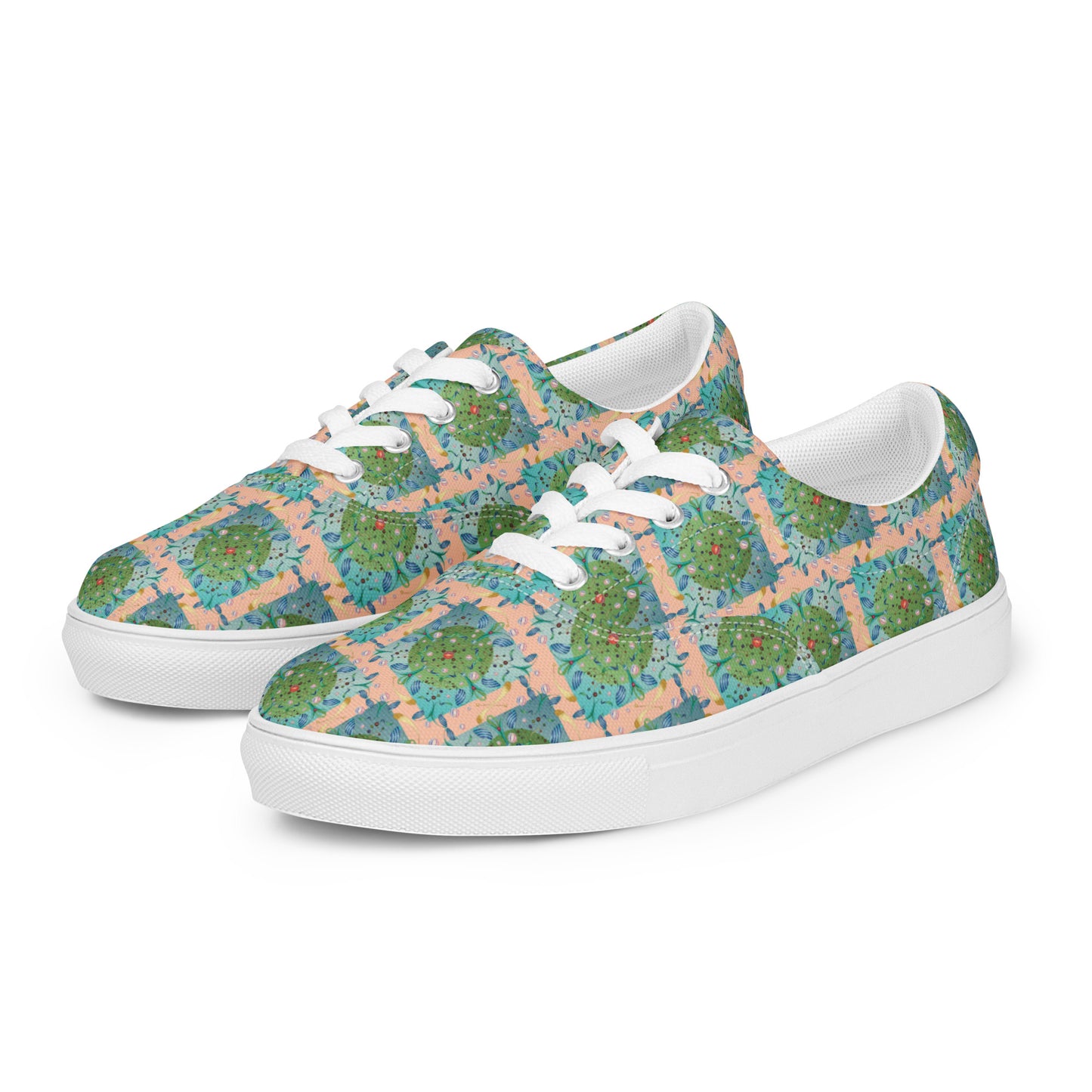 Women’s lace-up canvas shoes Kukloso Whimsical No 16 Green/Aqua on Peach - Free Shipping