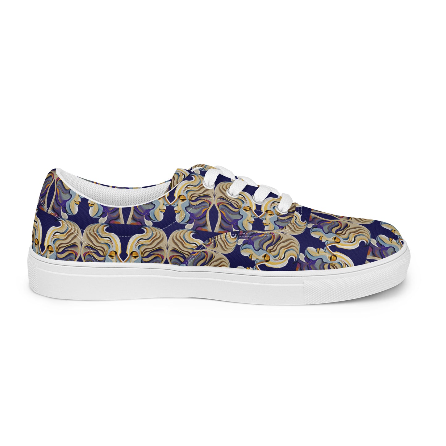 Women’s lace-up canvas shoes Kukloso Cubist Faces No 1 Large Pattern on Navy- Free Shipping