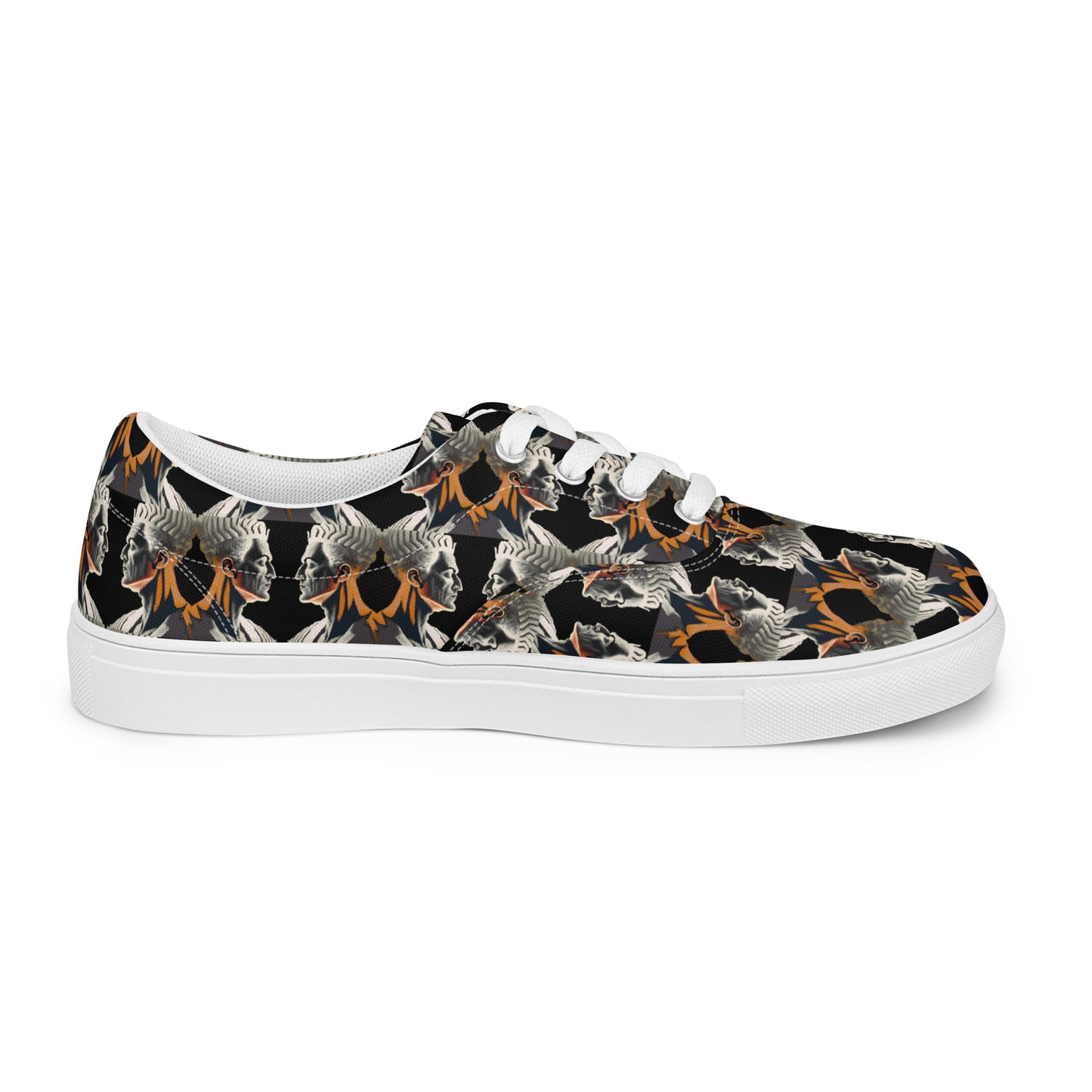 Women’s lace-up canvas shoes Kukloso Cubist Faces No 2 Large Pattern on Black - Free Shipping