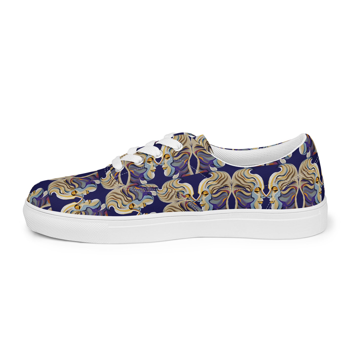 Women’s lace-up canvas shoes Kukloso Cubist Faces No 1 Large Pattern on Navy- Free Shipping