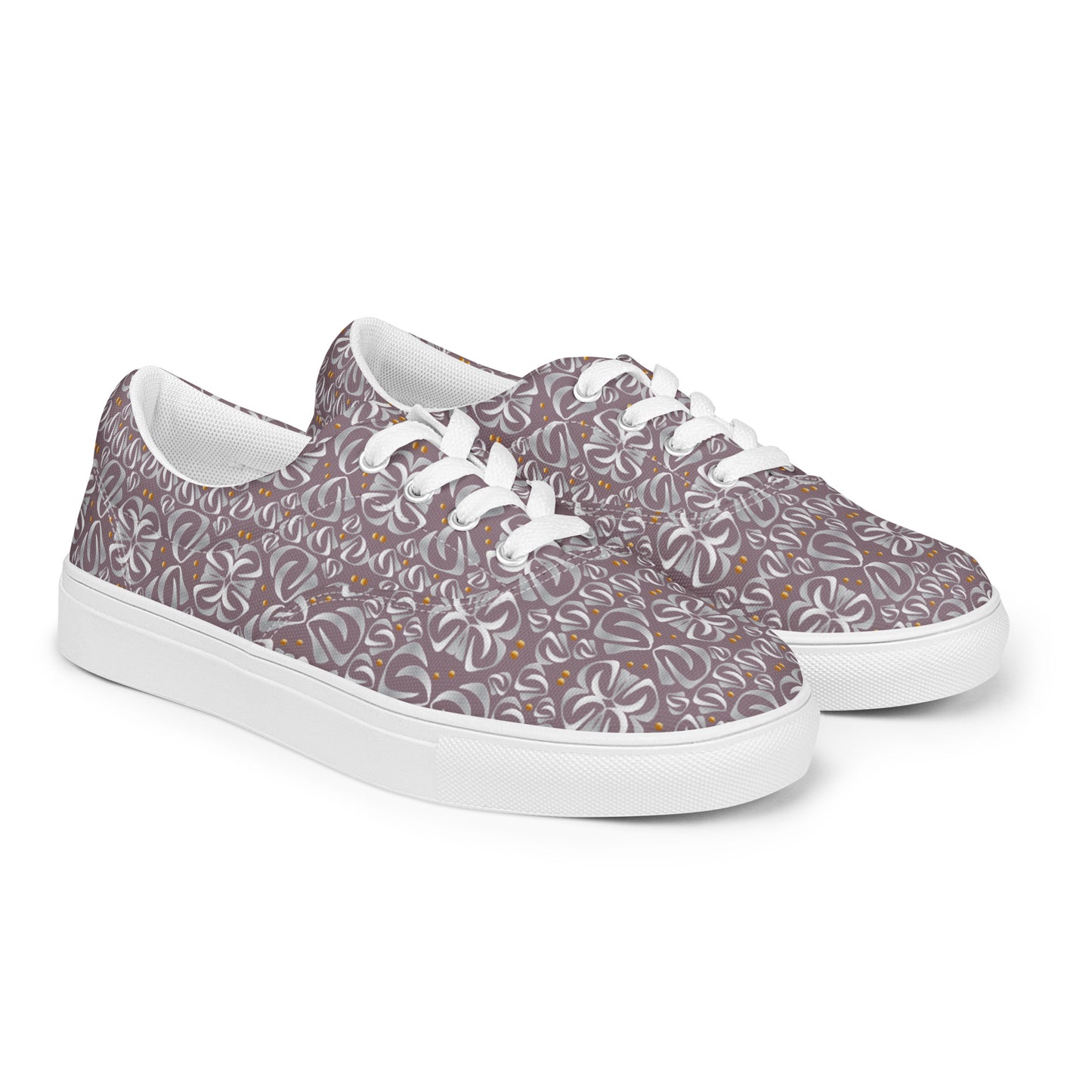 Women’s lace-up canvas shoes Kukloso Fleurons No 32 Gold, Silver on Mauve - Free Shipping