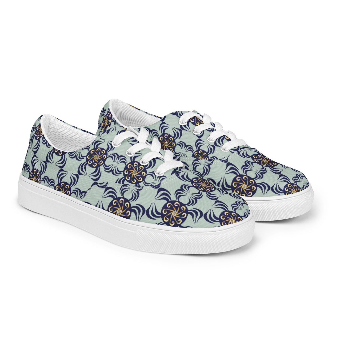 Women’s lace-up canvas shoes Kukloso Abstractical No 42 Navy/Gold Mandala Shapes on Pale Aqua - Free Shipping