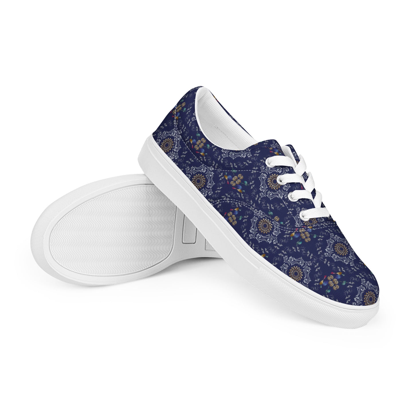 Women’s lace-up canvas shoes Kukloso Abstractical No 46 Silver/Gold Mandala Shapes on Navy - Free Shipping