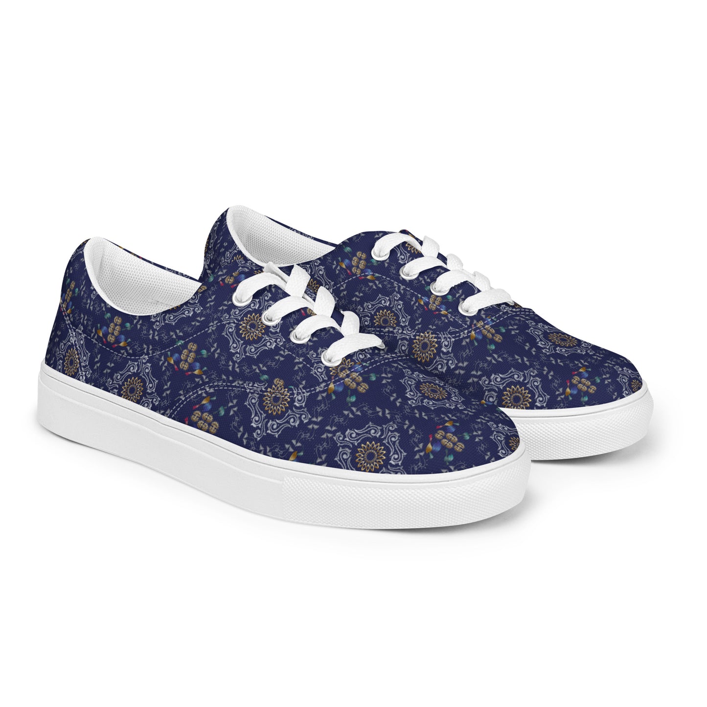 Women’s lace-up canvas shoes Kukloso Abstractical No 46 Silver/Gold Mandala Shapes on Navy - Free Shipping