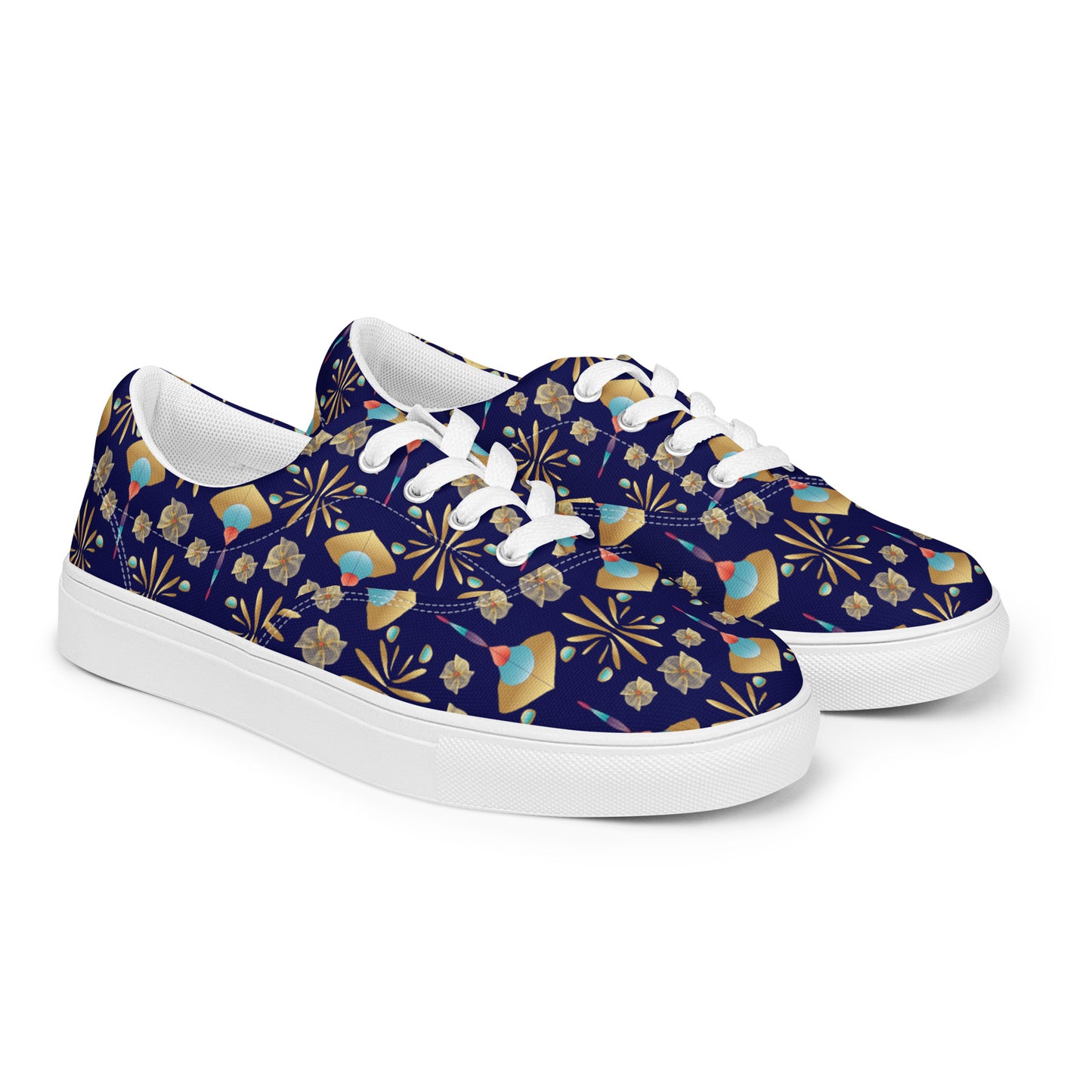 Women’s lace-up canvas shoes Kukloso Abstractical No 55 Gold Shapes on Navy - Free Shipping