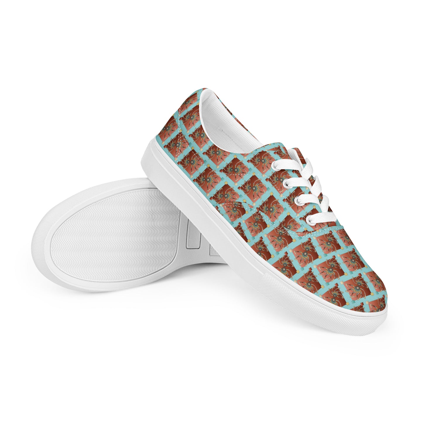 Women’s lace-up canvas shoes Kukloso Abstractical No 61 Copper Mandala Squares on Aqua - Free Shipping