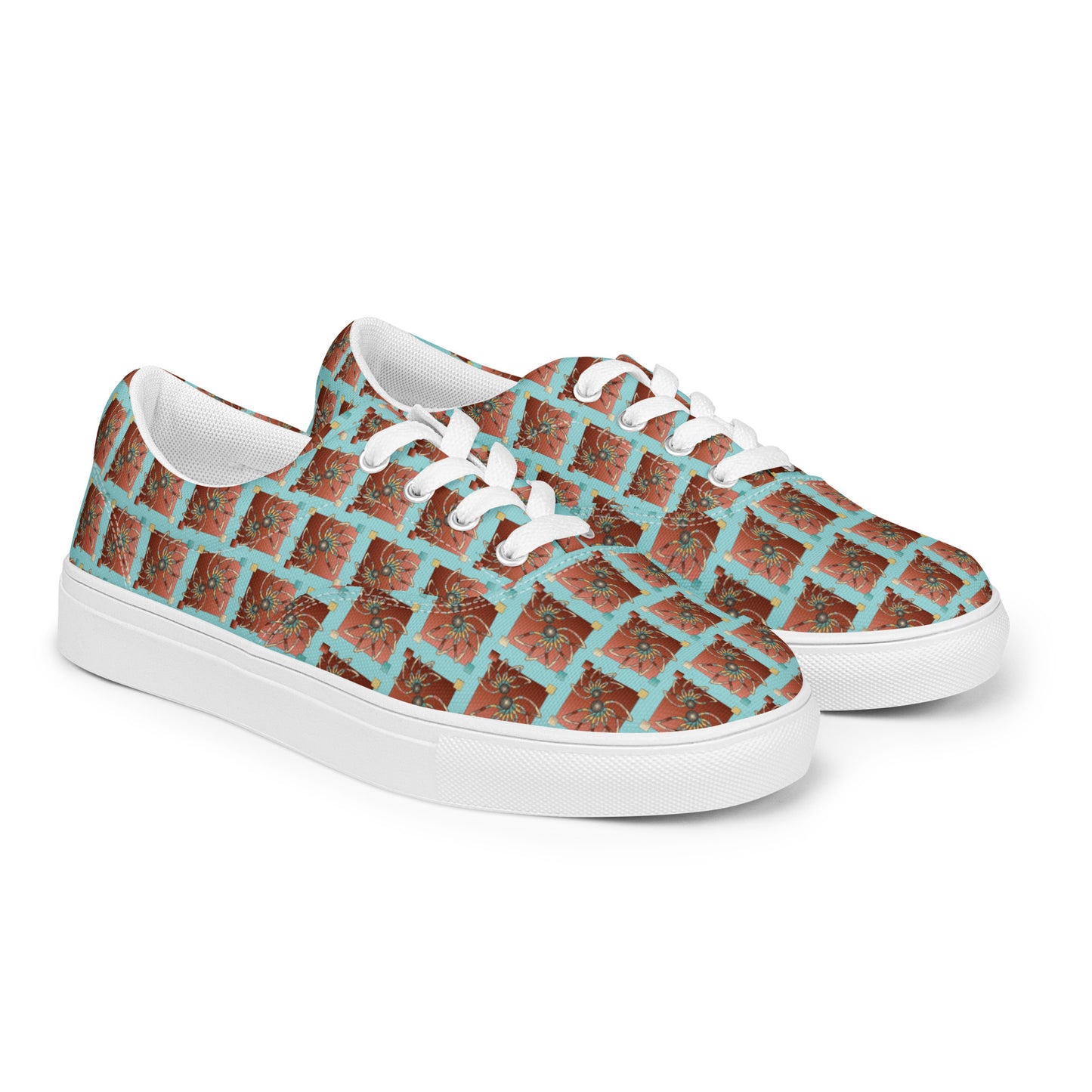 Women’s lace-up canvas shoes Kukloso Abstractical No 61 Copper Mandala Squares on Aqua - Free Shipping