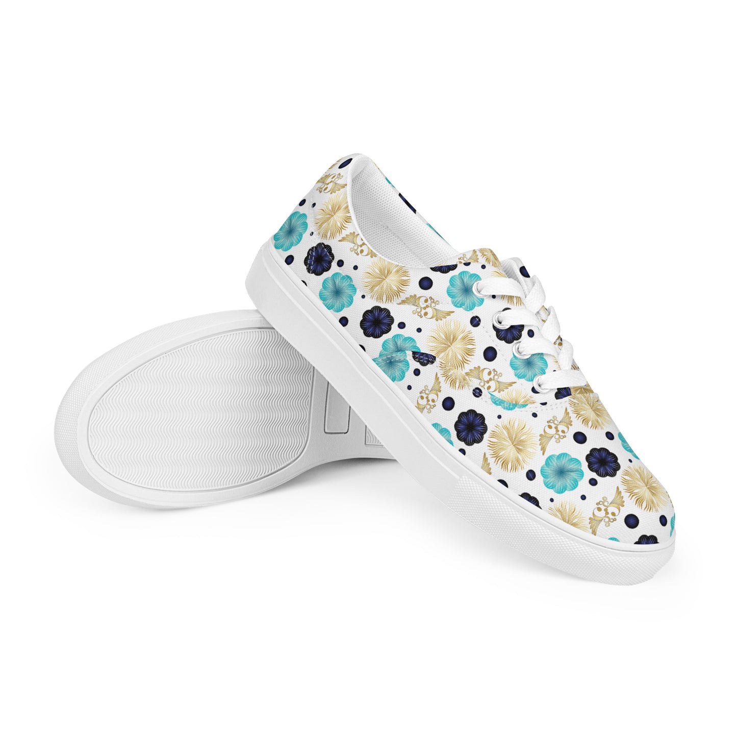 Women’s lace-up canvas shoes Kukloso Abstractical No 222 Aqua/Navy/Gold Mini-Mandalas on White - Free Shipping