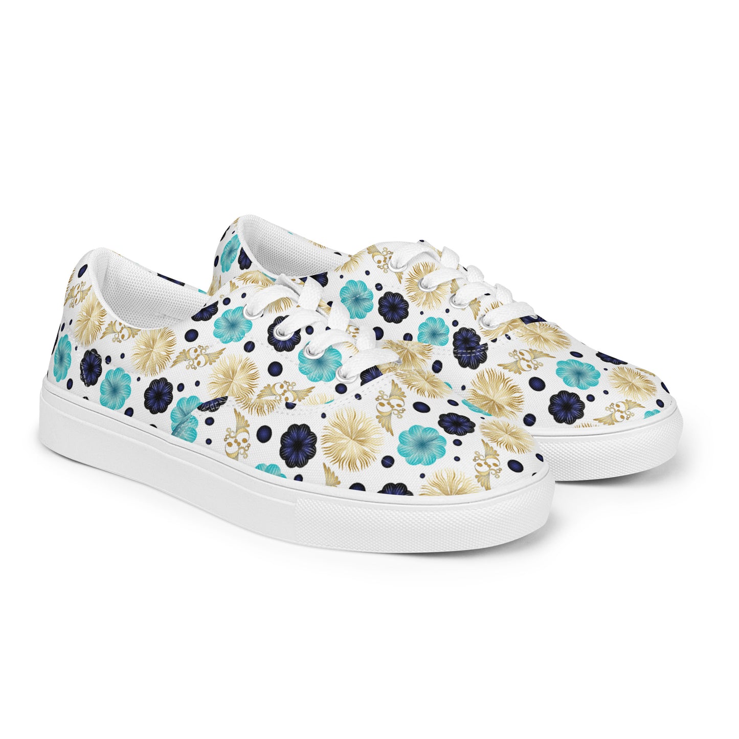 Women’s lace-up canvas shoes Kukloso Abstractical No 222 Aqua/Navy/Gold Mini-Mandalas on White - Free Shipping