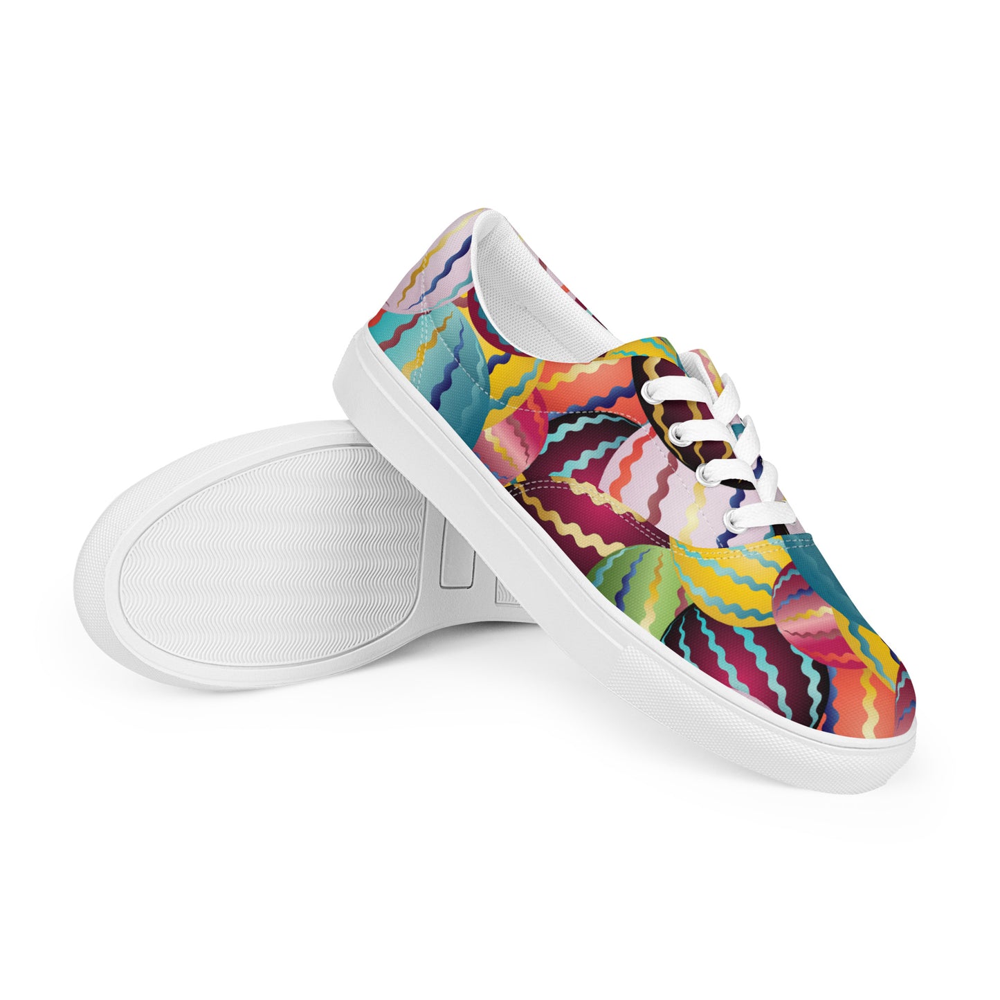 Women’s lace-up canvas shoes Kukloso Abstractical No 264 Maroon, Yellow, Aqua Multicolored Orbs- Free Shipping