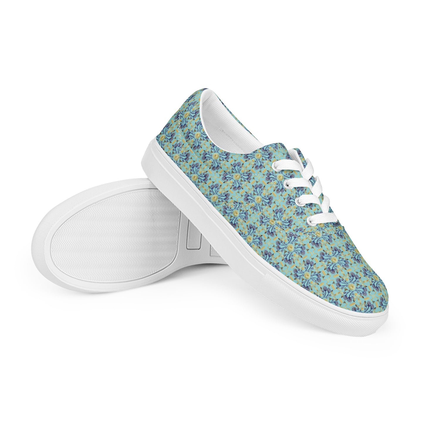 Women’s lace-up canvas shoes Kukloso AG No 11 Navy/Gold Floral Mini-Mandalas on Aqua - Free Shipping