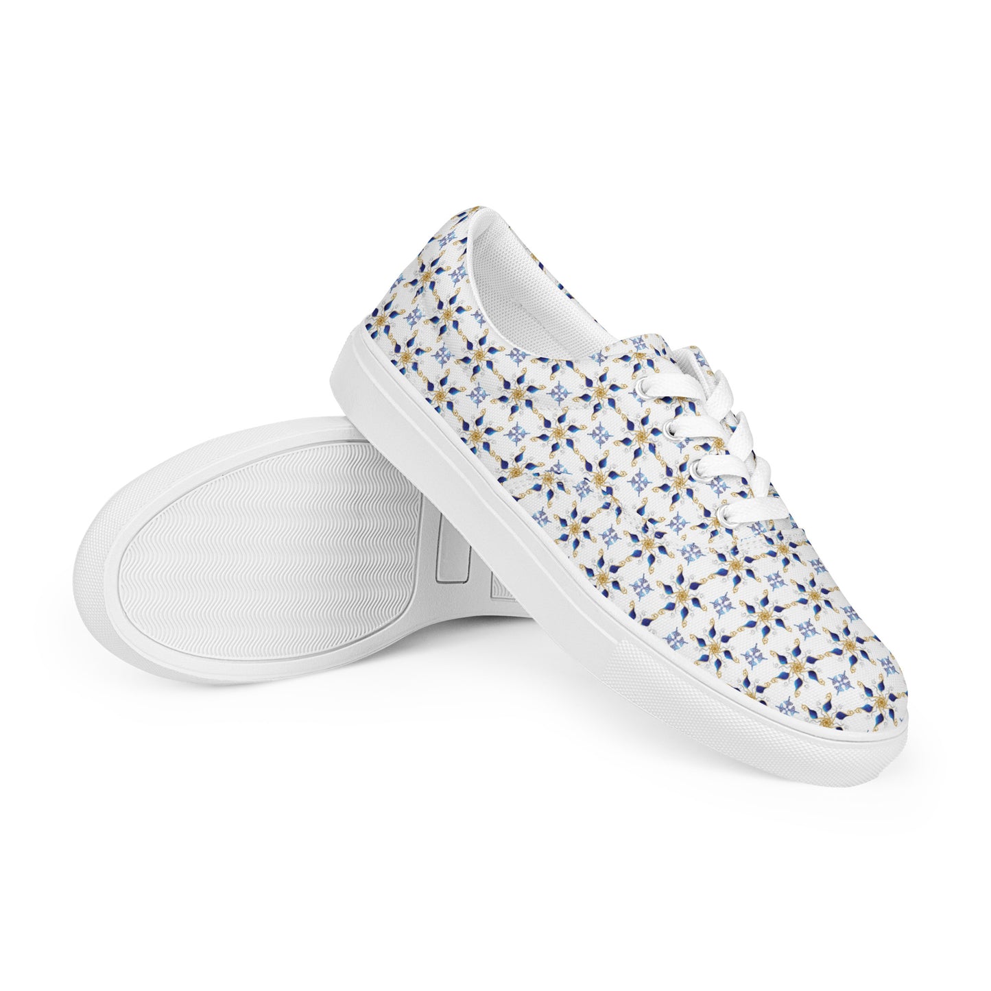 Women’s lace-up canvas shoes Kukloso AG No 7 Navy/Gold Mini-Mandalas on White - Free Shipping