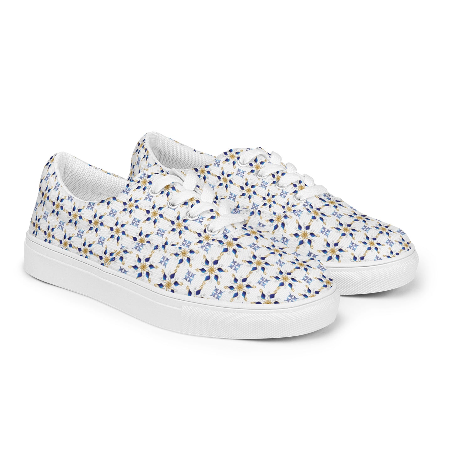 Women’s lace-up canvas shoes Kukloso AG No 7 Navy/Gold Mini-Mandalas on White - Free Shipping