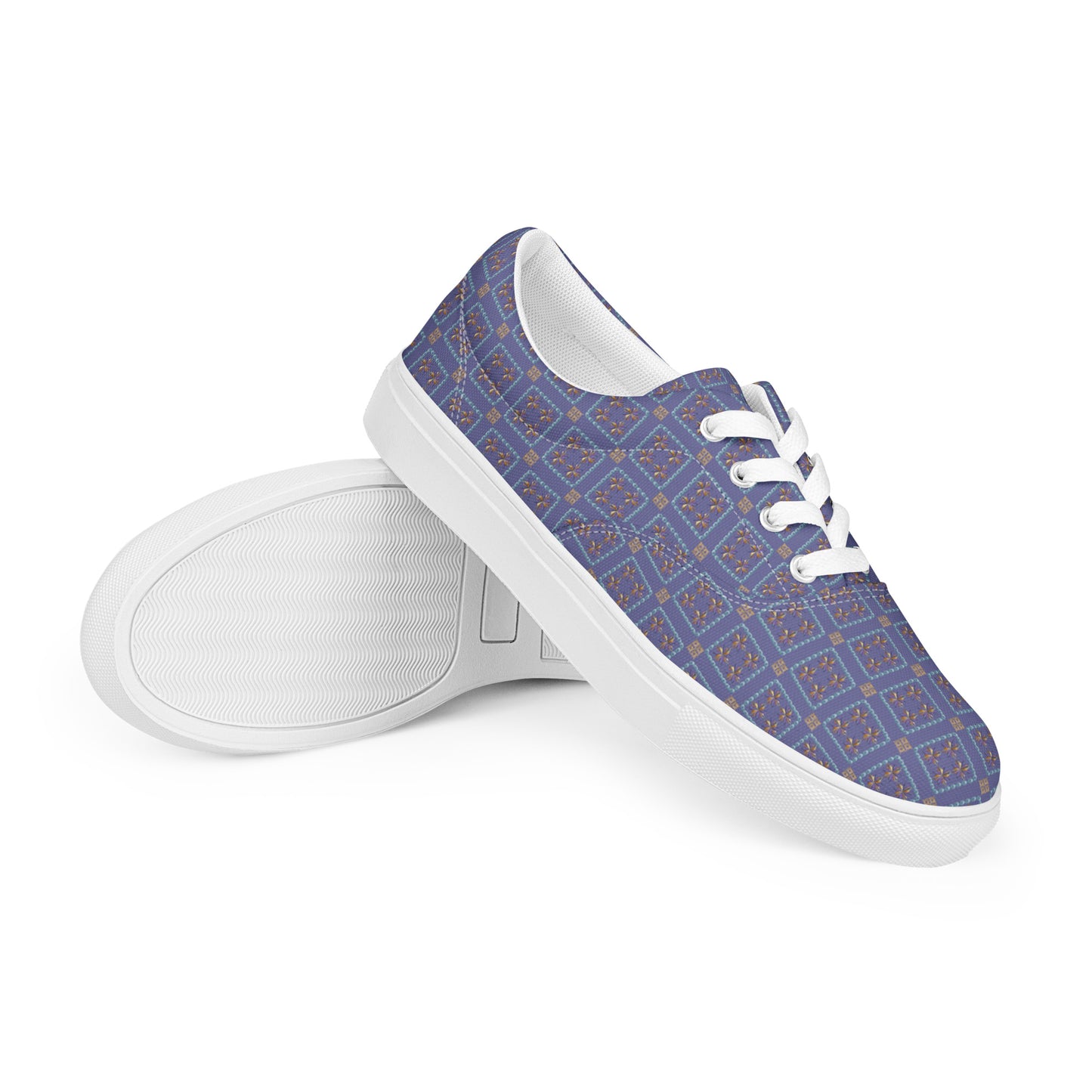 Women’s lace-up canvas shoes Kukloso AG No 20 Aqua/Gold Squares on Blue - Free Shipping