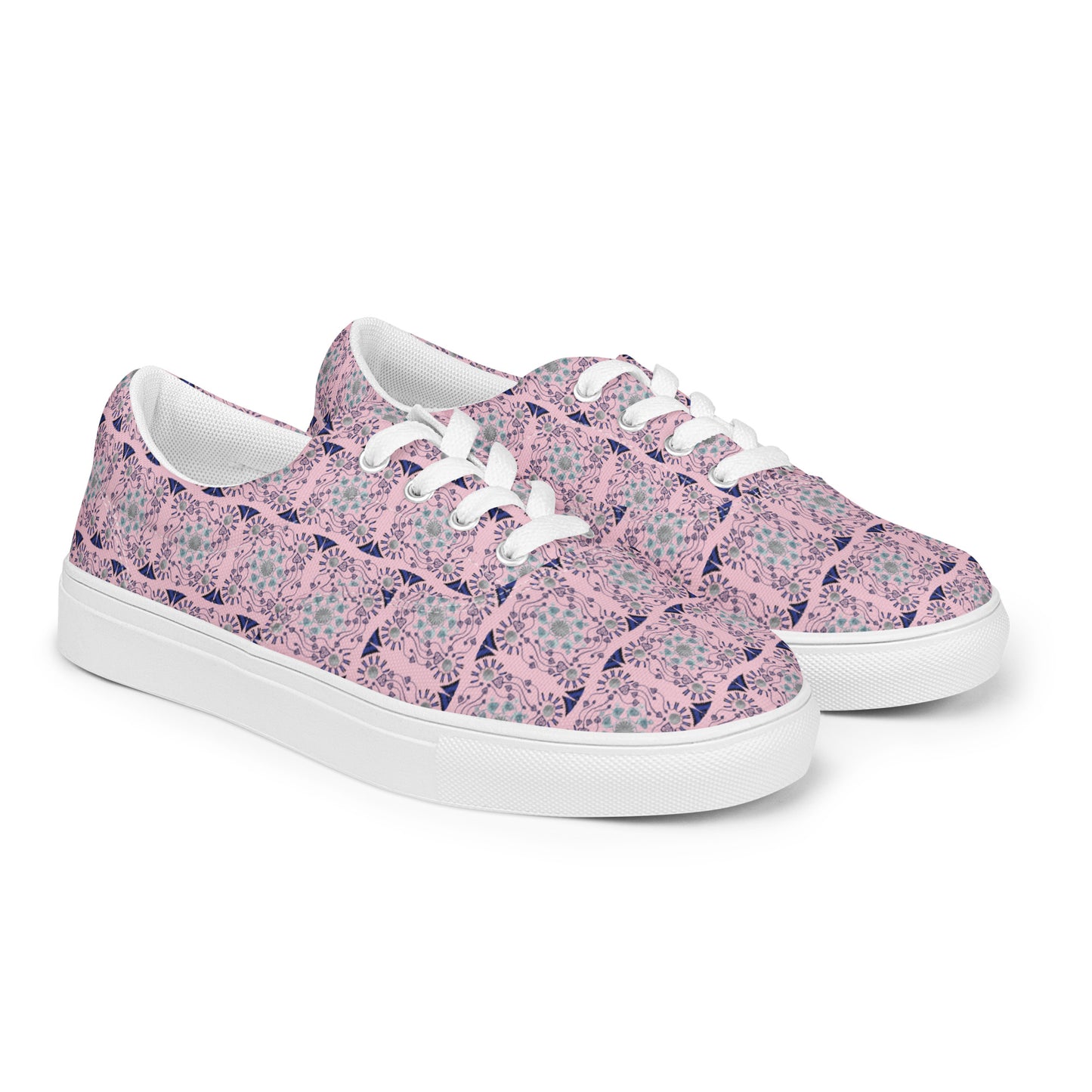 Women’s lace-up canvas shoes Kukloso AG No 23 Aqua/Navy Mini-Mandalas on Pink - Free Shipping