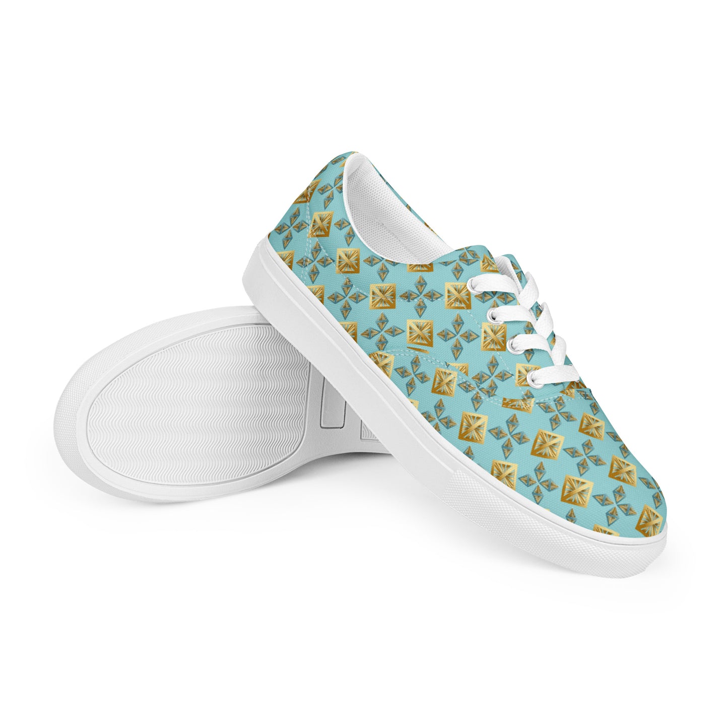 Women’s lace-up canvas shoes Kukloso AG No 27 Gold Shapes on Aqua - Free Shipping