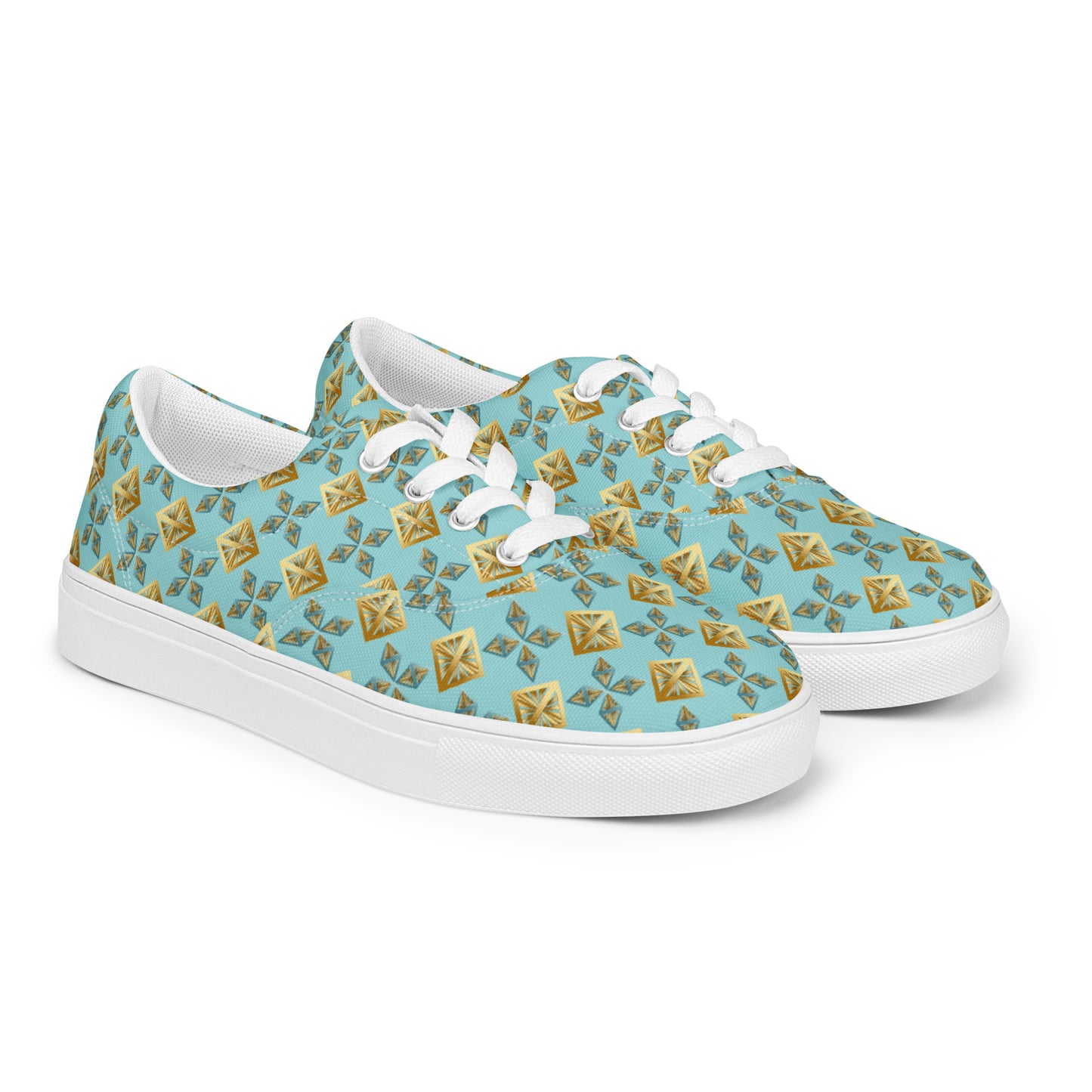 Women’s lace-up canvas shoes Kukloso AG No 27 Gold Shapes on Aqua - Free Shipping