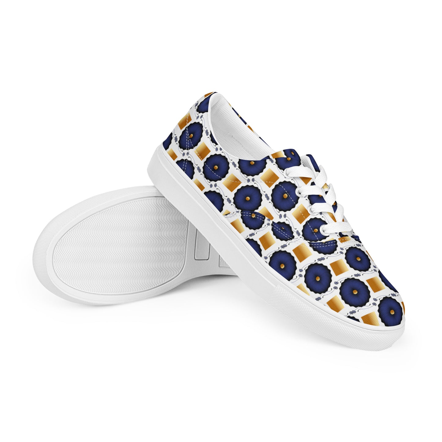 Women’s lace-up canvas shoes Kukloso AG No 29 Navy Mandalas, Gold Squares on White - Free Shipping