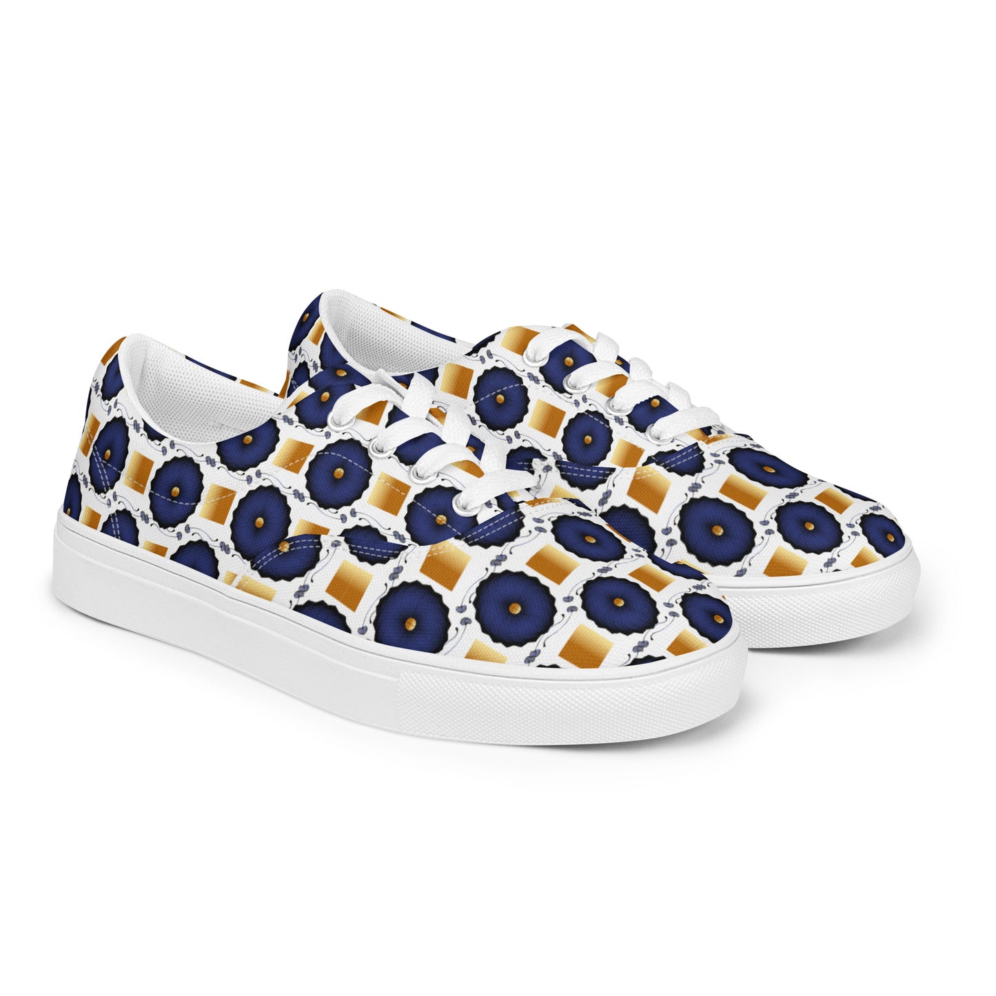 Women’s lace-up canvas shoes Kukloso AG No 29 Navy Mandalas, Gold Squares on White - Free Shipping