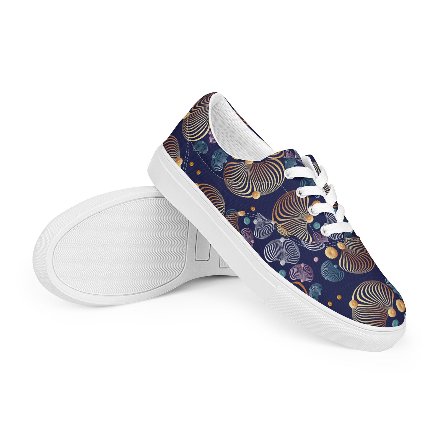 Women’s lace-up canvas shoes Kukloso AG No 44 Gold, Silver, Aqua Spirals on Navy - Free Shipping