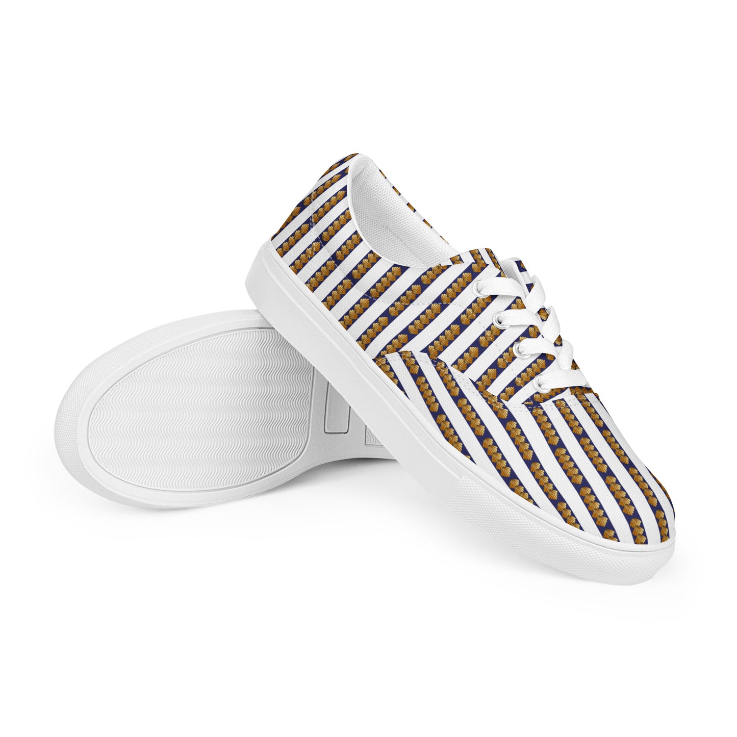 Women’s lace-up canvas shoes Kukloso FS No 6 - Gold Shapes on Navy Stripes on White - Free Shipping