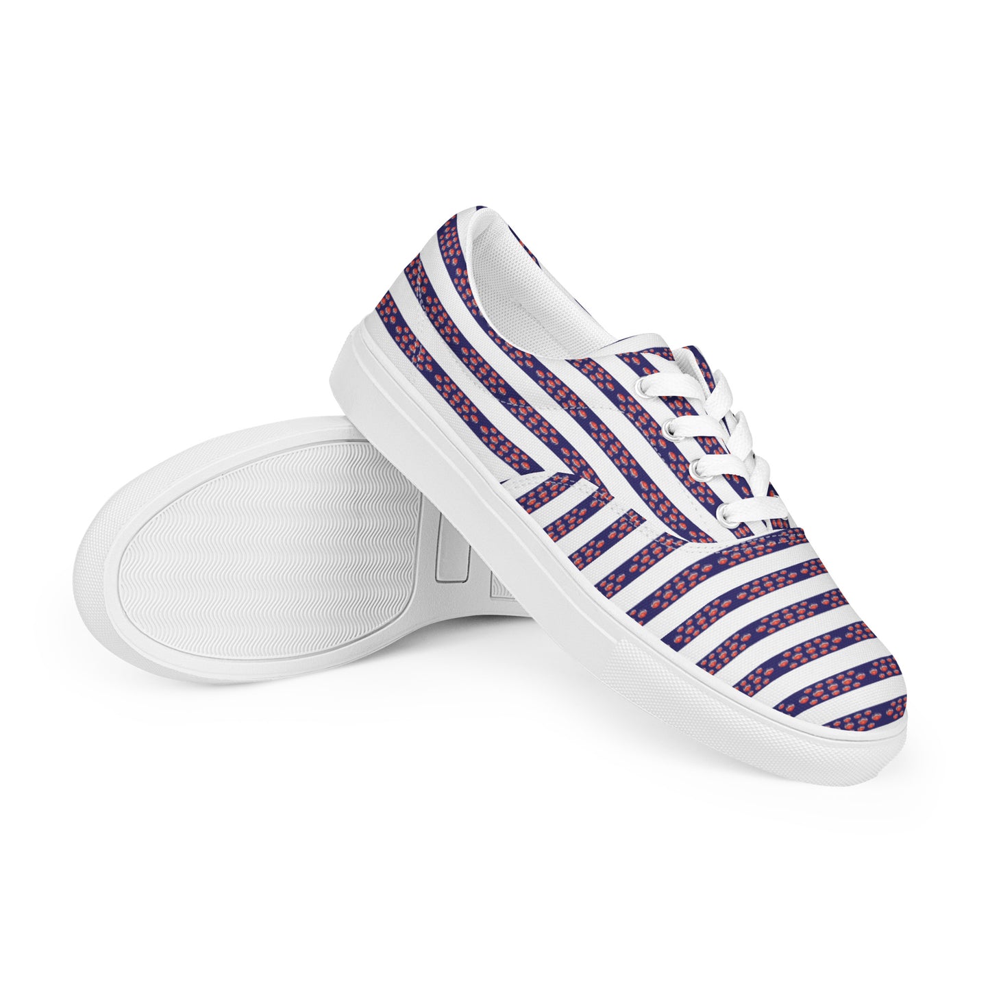 Women’s lace-up canvas shoes Kukloso FS No 12 Red Orbs on Blue Stripes on White - Free Shipping