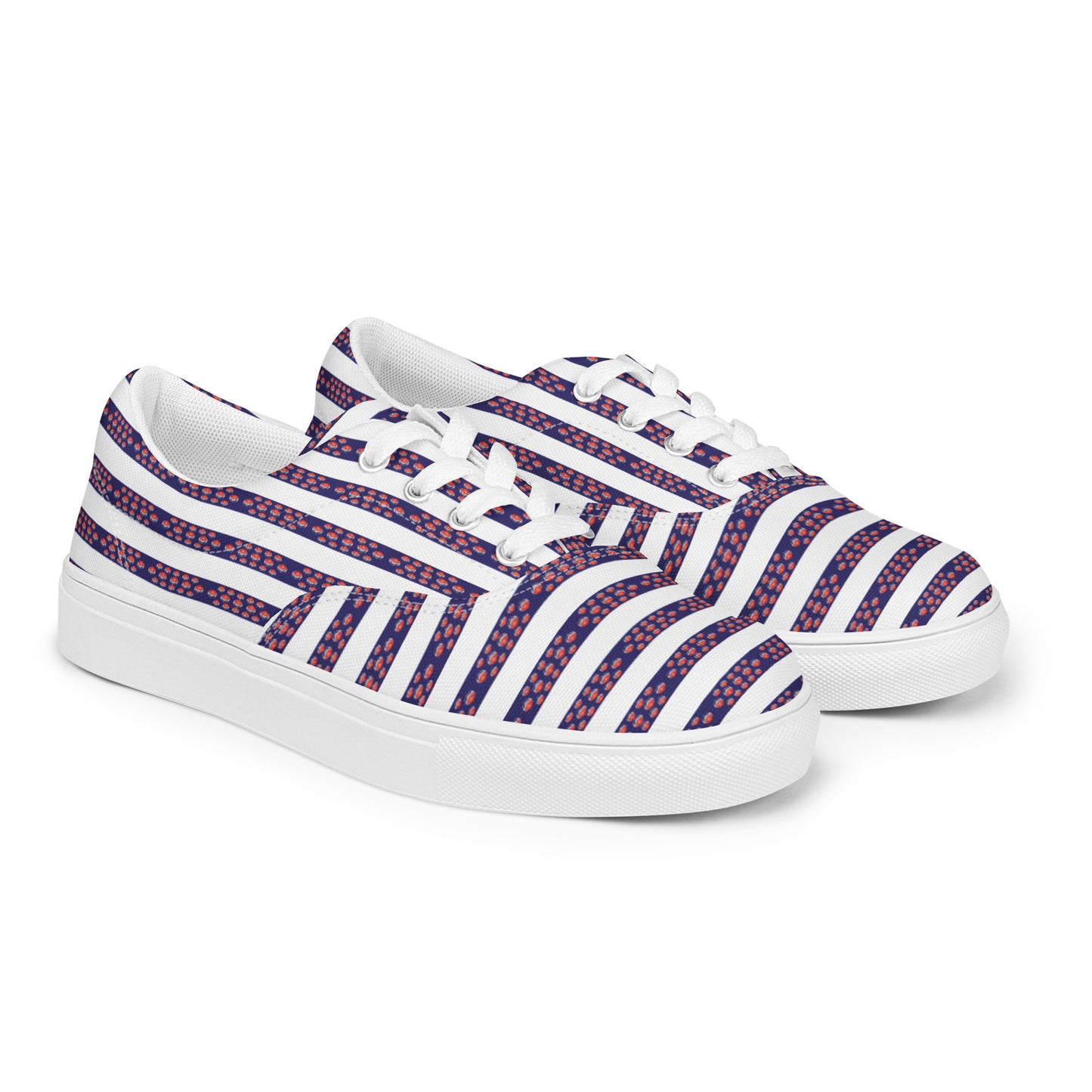 Women’s lace-up canvas shoes Kukloso FS No 12 Red Orbs on Blue Stripes on White - Free Shipping