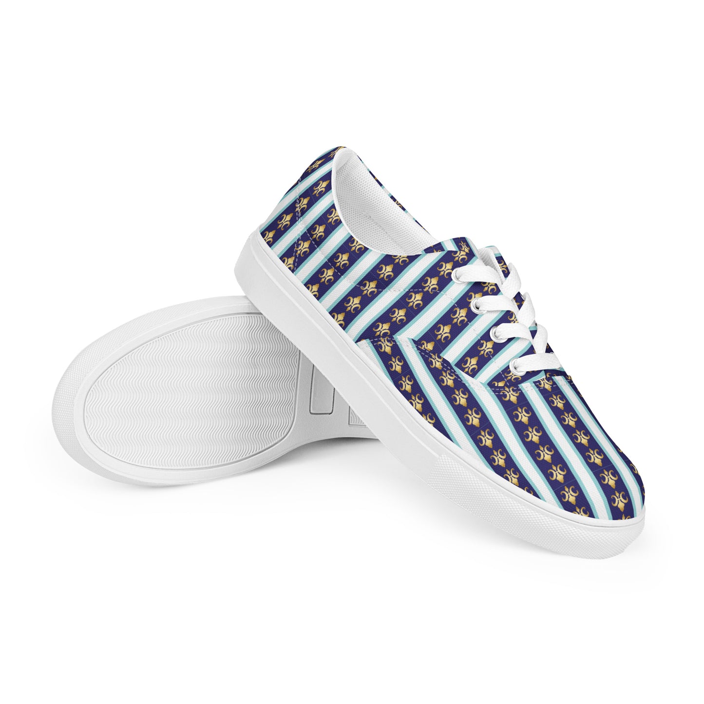 Women’s lace-up canvas shoes Kukloso FS No 58 Gold Fleur de lys - Navy Stripes on White - Free Shipping