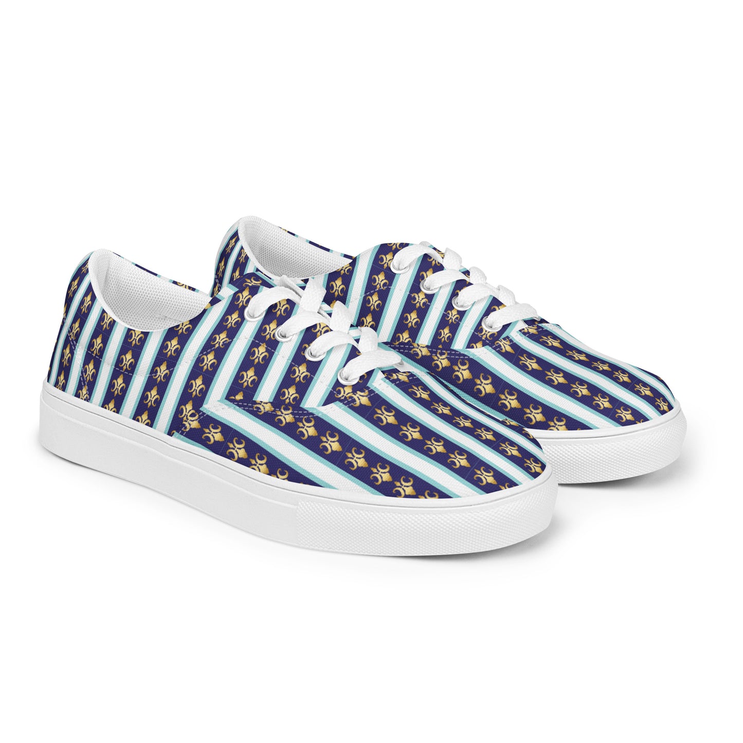 Women’s lace-up canvas shoes Kukloso FS No 58 Gold Fleur de lys - Navy Stripes on White - Free Shipping