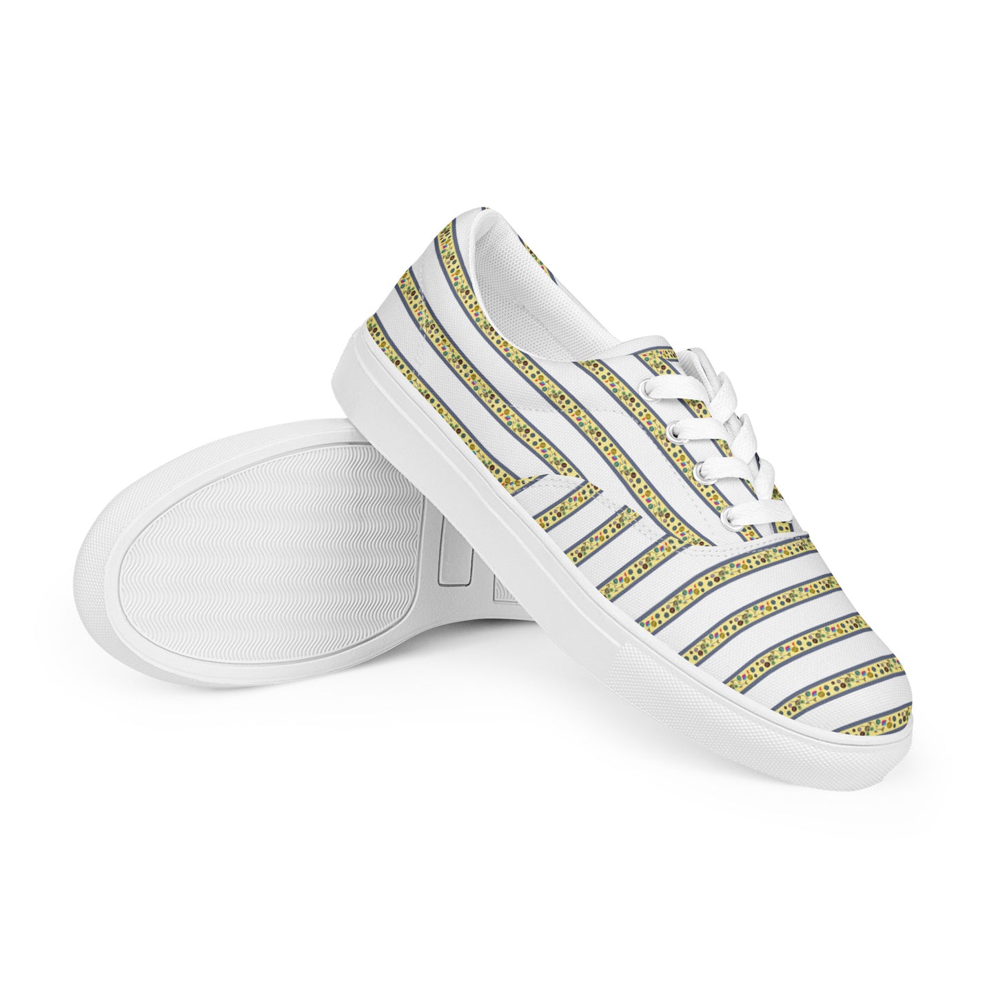 Women’s lace-up canvas shoes Kukloso FS No 104 Yellow Stripes on White - Free Shipping