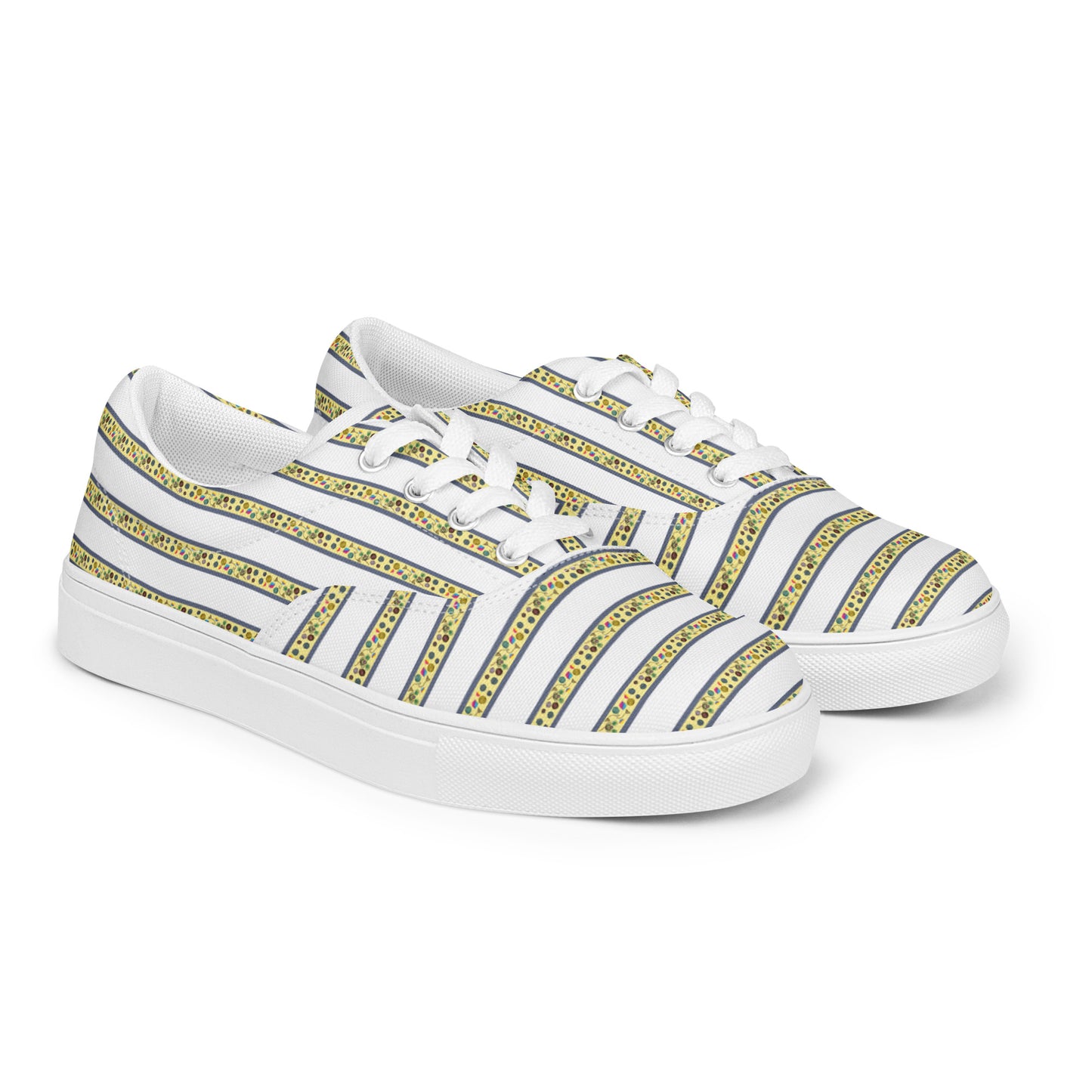 Women’s lace-up canvas shoes Kukloso FS No 104 Yellow Stripes on White - Free Shipping