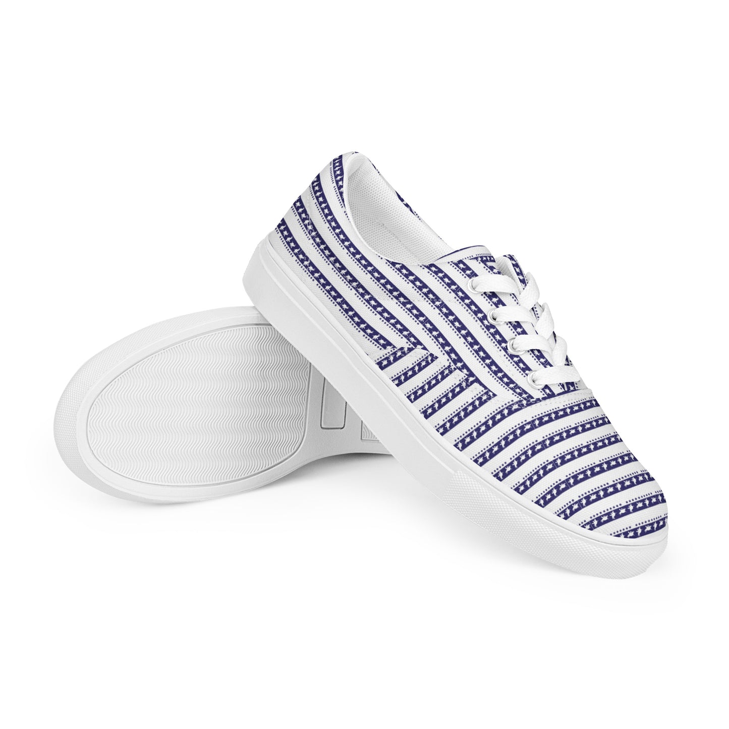 Women’s lace-up canvas shoes Kukloso Happy Ganesh (elephant ) Blue Stripes on White - Free Shipping