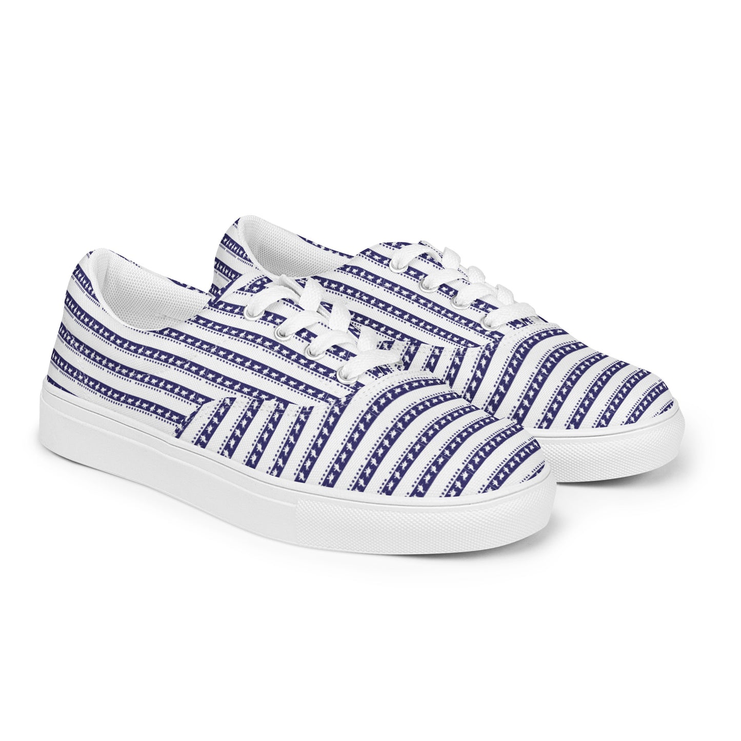 Women’s lace-up canvas shoes Kukloso Happy Ganesh (elephant ) Blue Stripes on White - Free Shipping