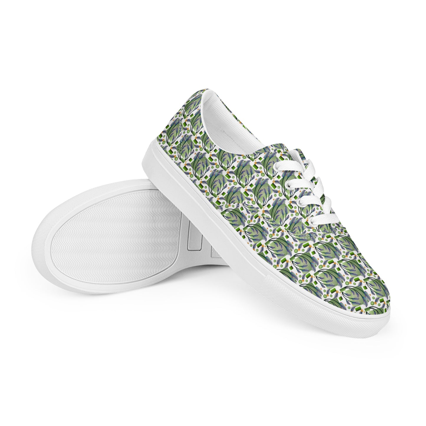 Women’s lace-up canvas shoes Kukloso Melange de fleur No 46 Green on White - Free Shipping