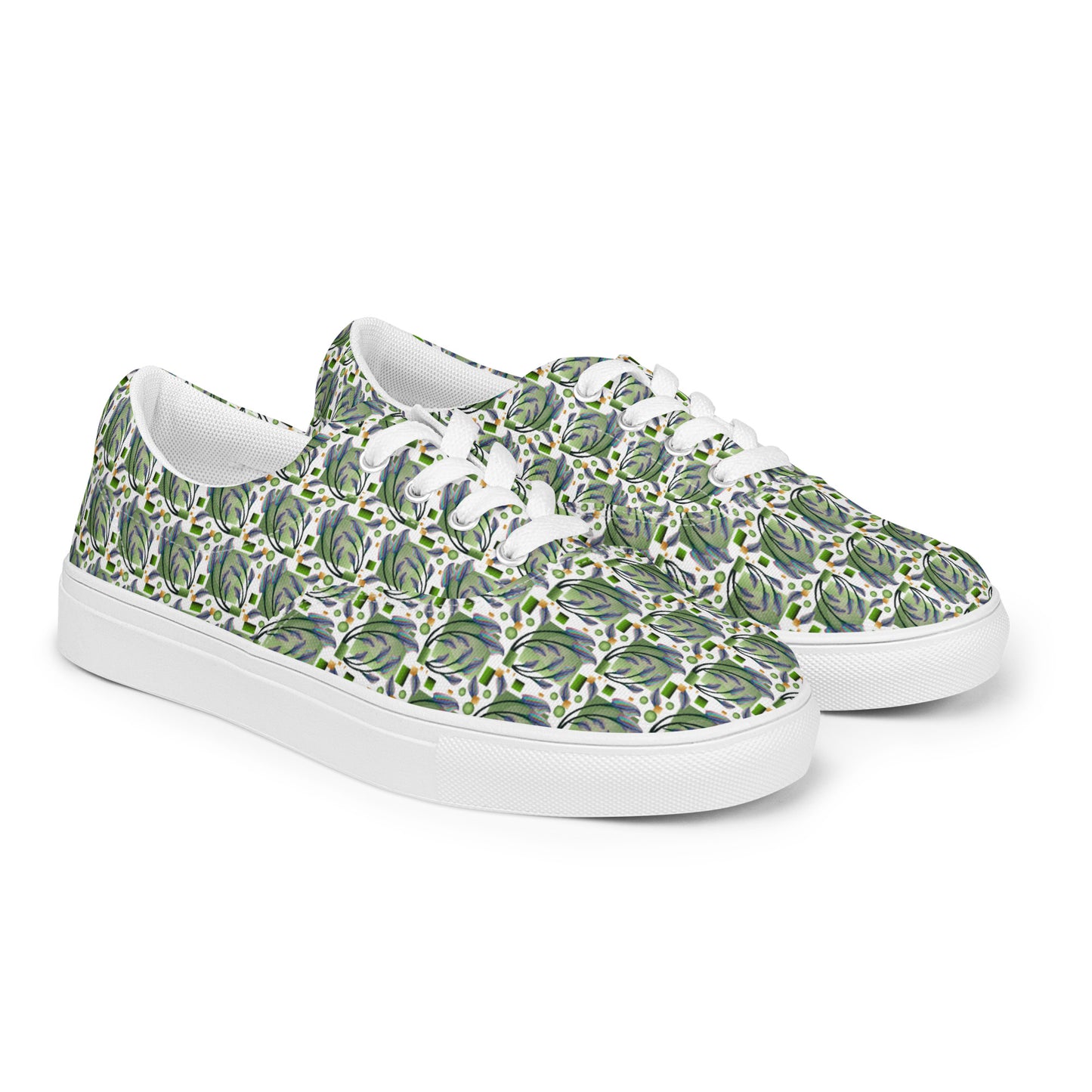 Women’s lace-up canvas shoes Kukloso Melange de fleur No 46 Green on White - Free Shipping