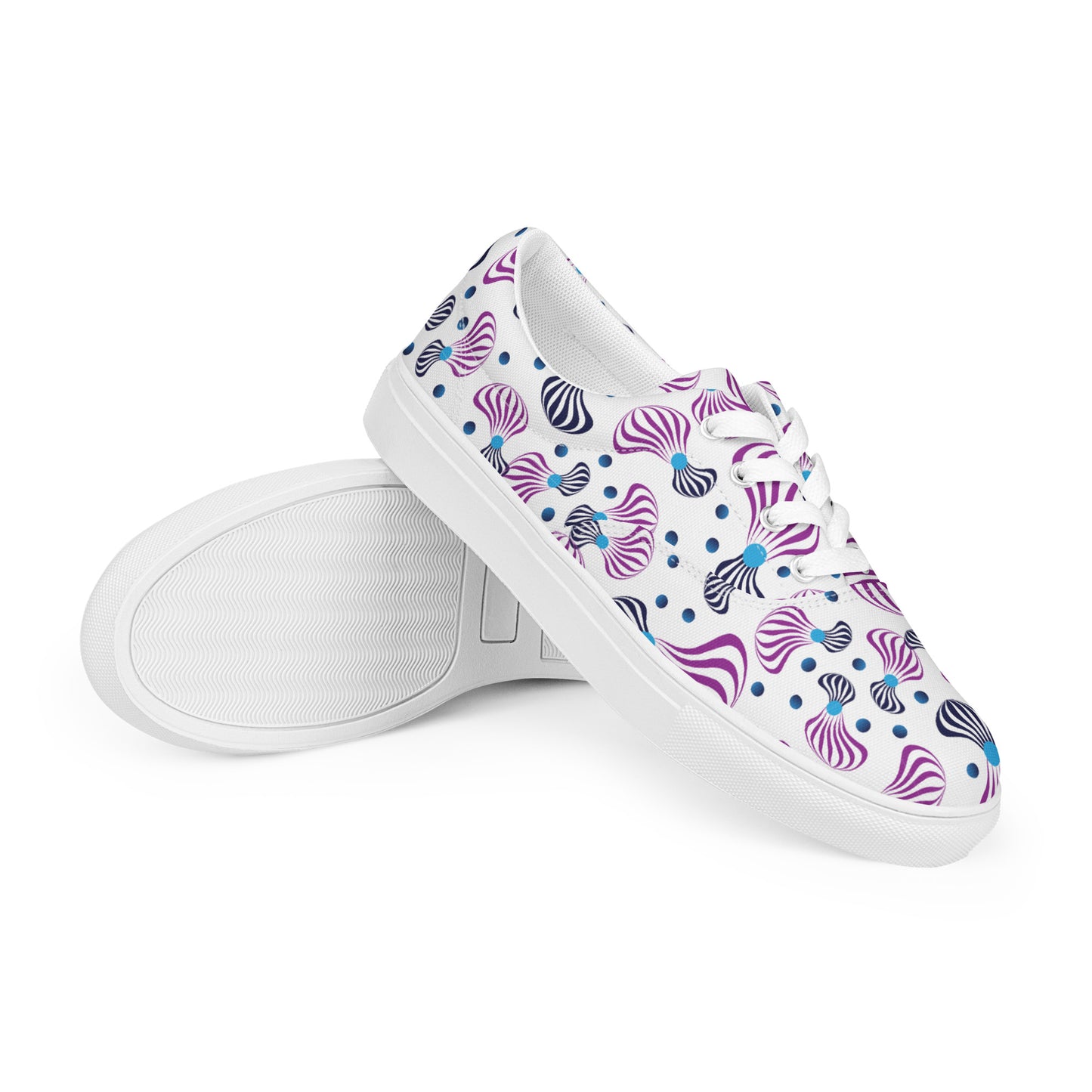 Women’s lace-up canvas shoes Kukloso Whimsical No 95 Purple/Aqua/Navy Spirials on White - Free Shipping