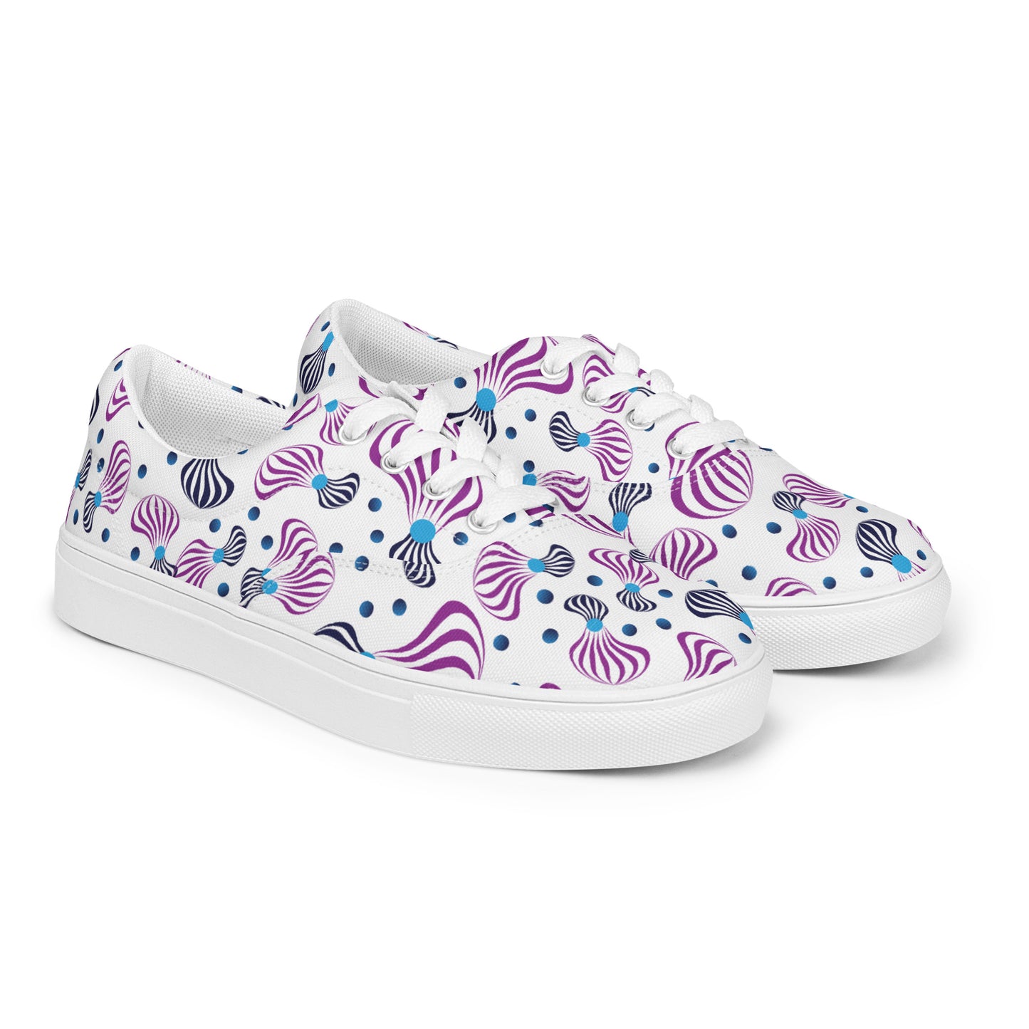 Women’s lace-up canvas shoes Kukloso Whimsical No 95 Purple/Aqua/Navy Spirials on White - Free Shipping