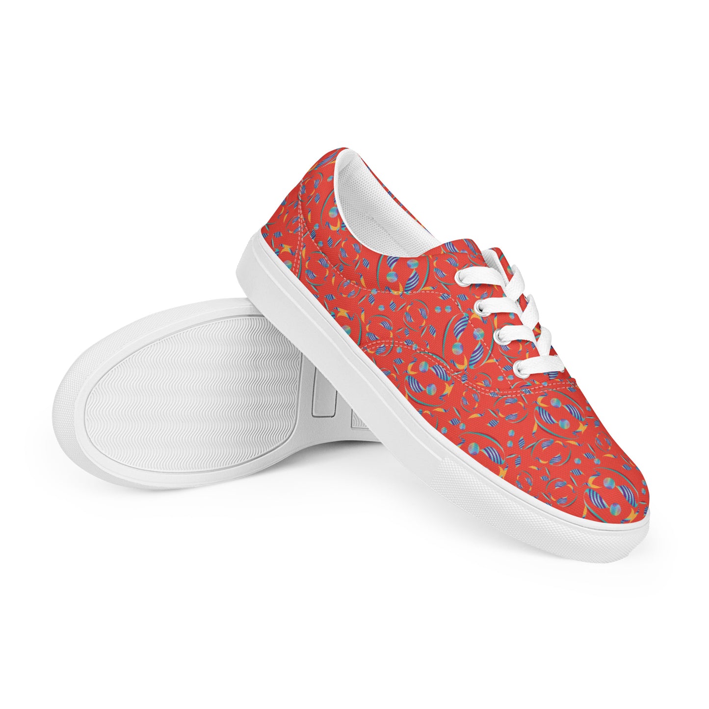 Women’s lace-up canvas shoes Kukloso Whimsical No 80 Quirky Shapes on Orange - Free Shipping