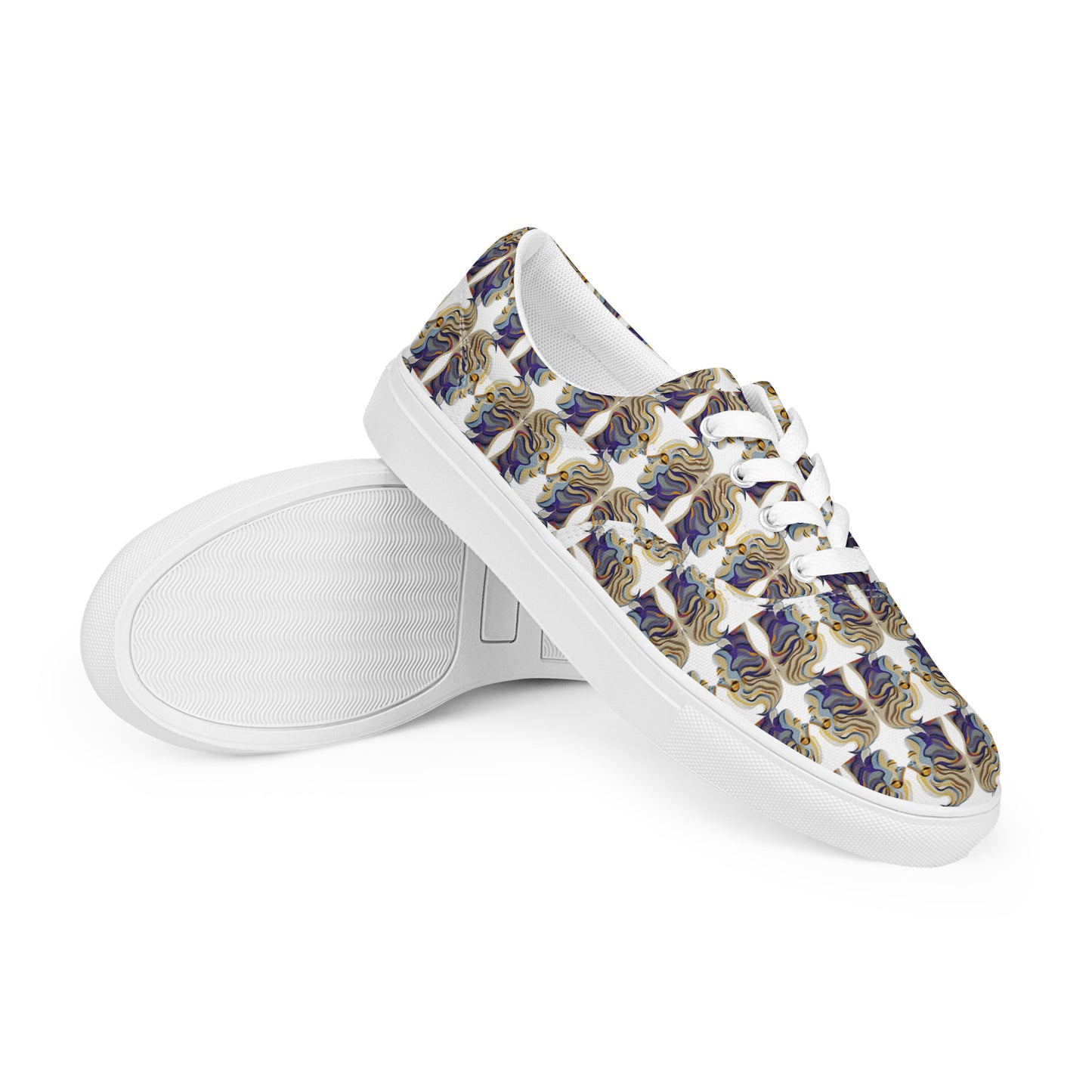 Women’s lace-up canvas shoes Kukloso Cubist Faces No 1 Small Pattern on White- Free Shipping