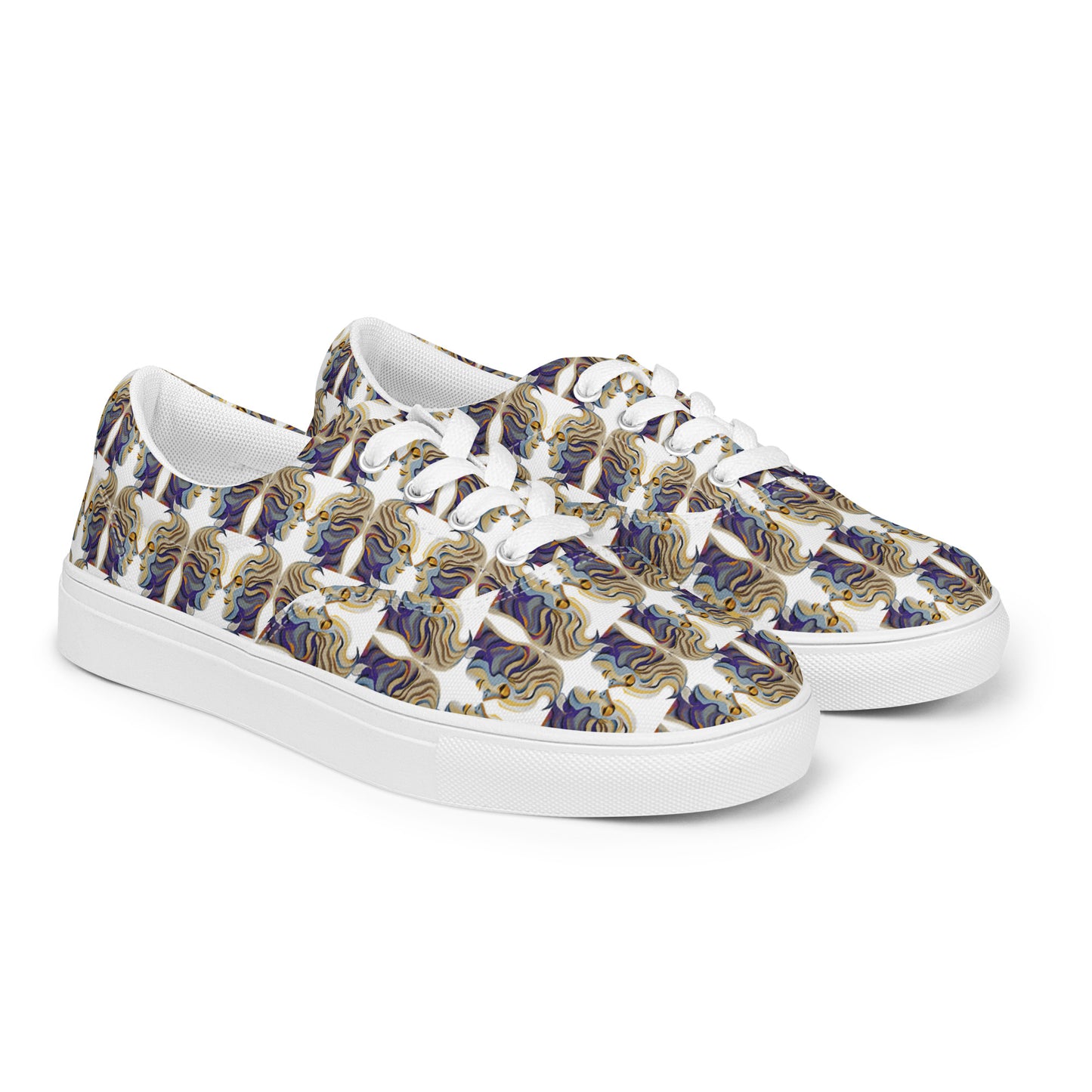 Women’s lace-up canvas shoes Kukloso Cubist Faces No 1 Small Pattern on White- Free Shipping