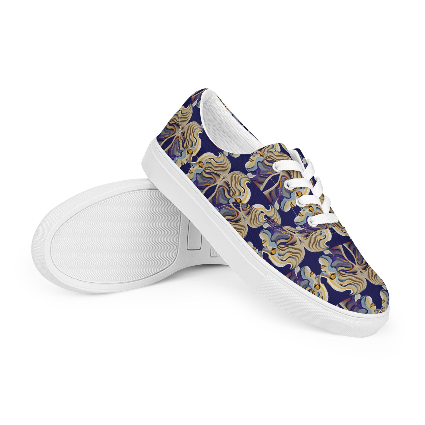 Women’s lace-up canvas shoes Kukloso Cubist Faces No 1 Large Pattern on Navy- Free Shipping