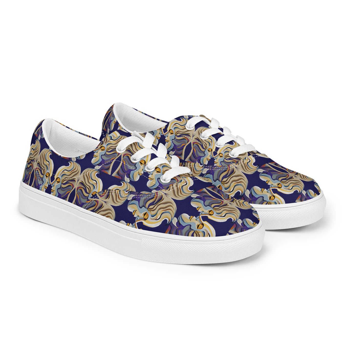 Women’s lace-up canvas shoes Kukloso Cubist Faces No 1 Large Pattern on Navy- Free Shipping