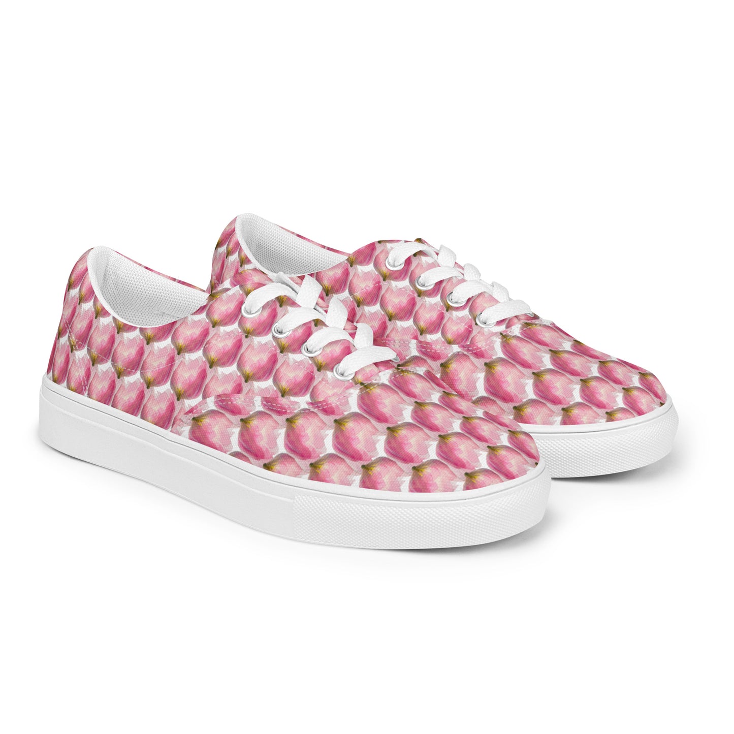 Women’s lace-up canvas shoes Kukloso Les tulipes Pink on White - Free Shipping