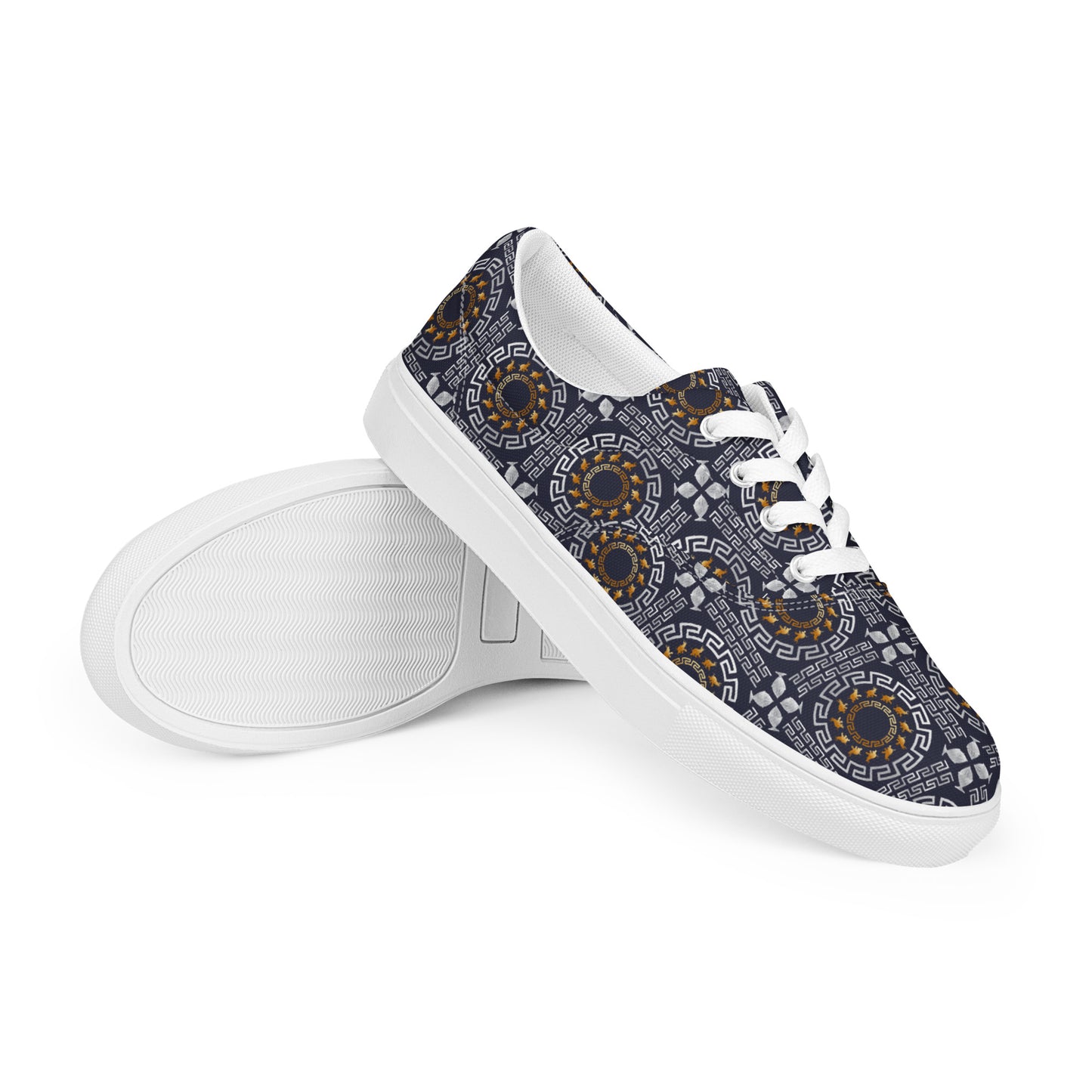 Women’s lace-up canvas shoes Kukloso Greek Border No 40 Ganesha on Navy - Free Shipping