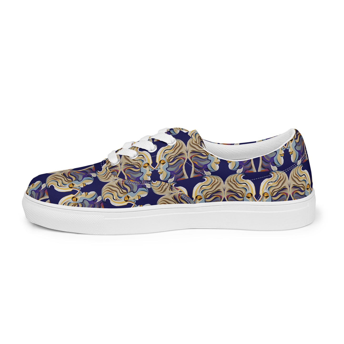 Women’s lace-up canvas shoes Kukloso Cubist Faces No 1 Large Pattern on Navy- Free Shipping