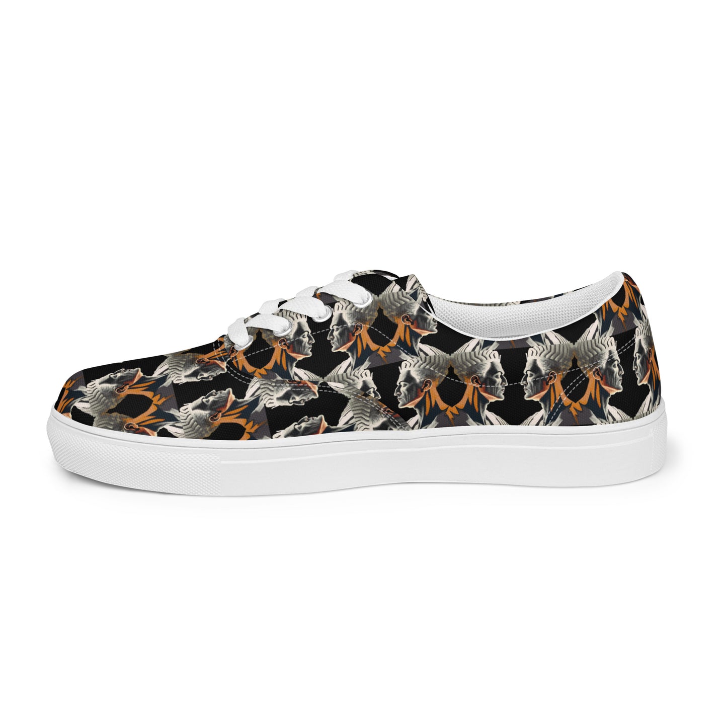 Women’s lace-up canvas shoes Kukloso Cubist Faces No 2 Large Pattern on Black - Free Shipping