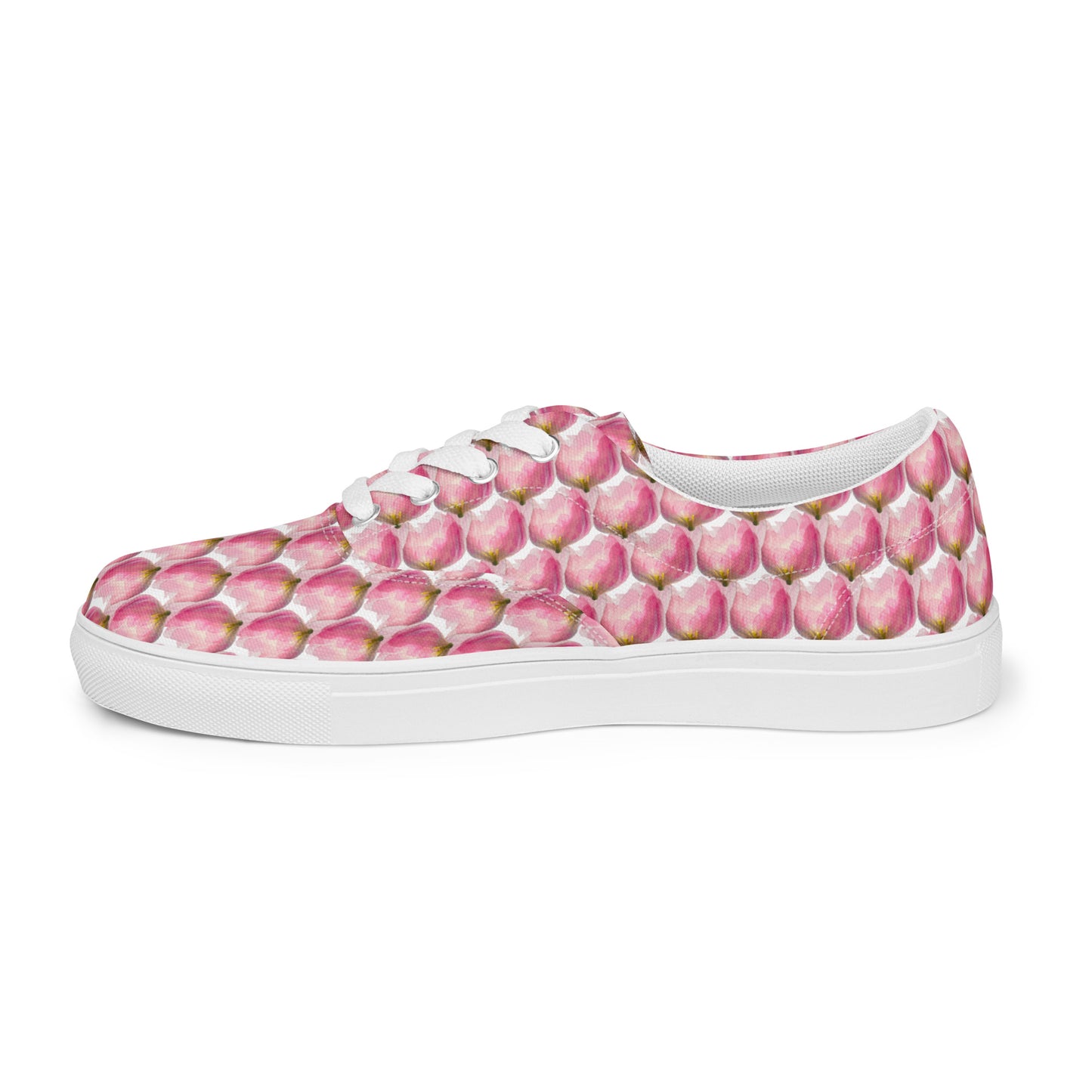 Women’s lace-up canvas shoes Kukloso Les tulipes Pink on White - Free Shipping