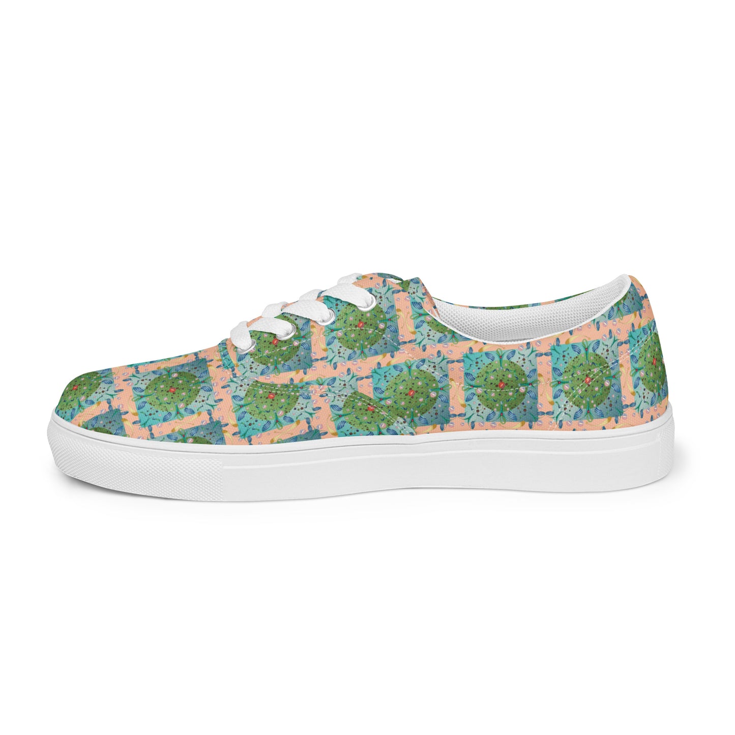 Women’s lace-up canvas shoes Kukloso Whimsical No 16 Green/Aqua on Peach - Free Shipping