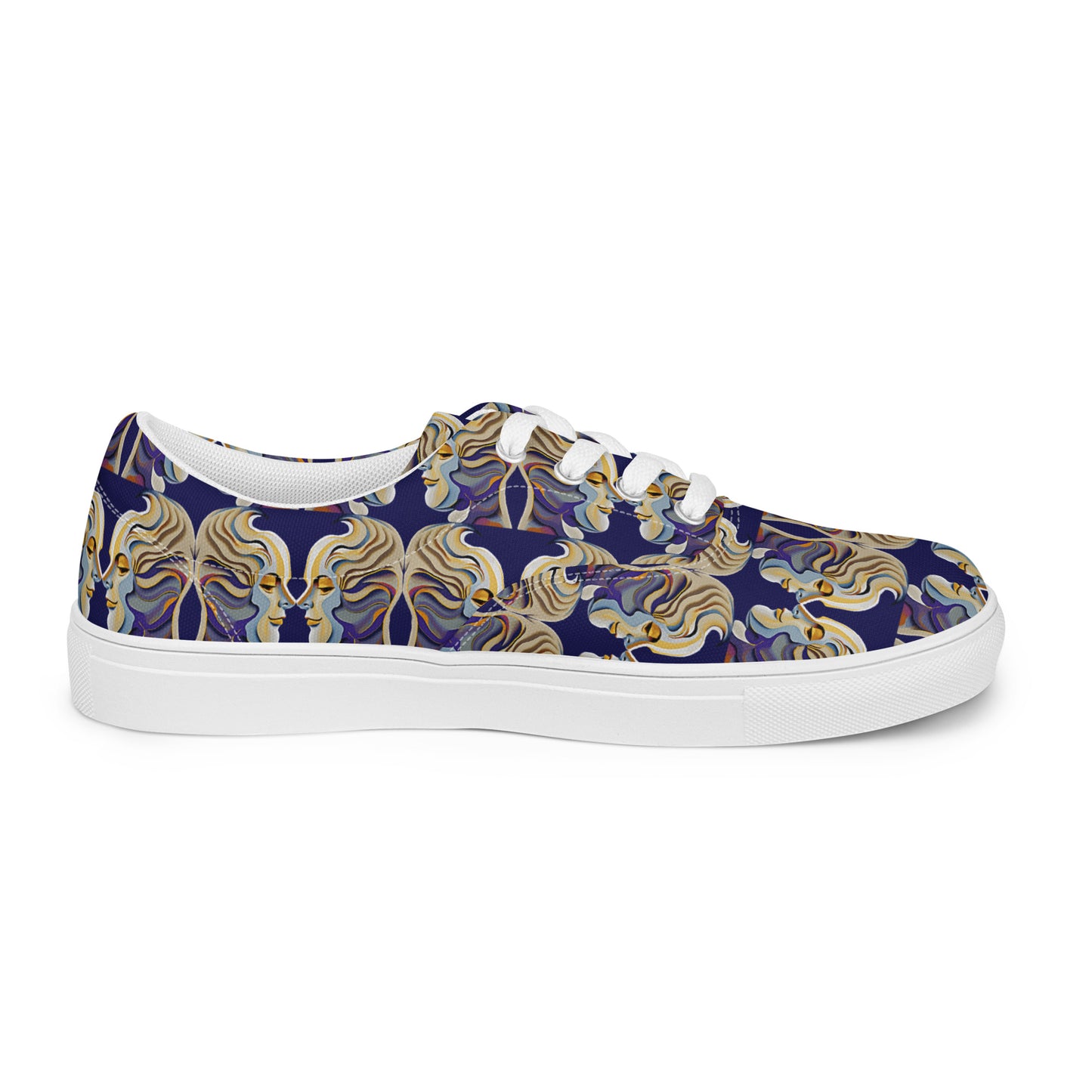 Women’s lace-up canvas shoes Kukloso Cubist Faces No 1 Large Pattern on Navy- Free Shipping