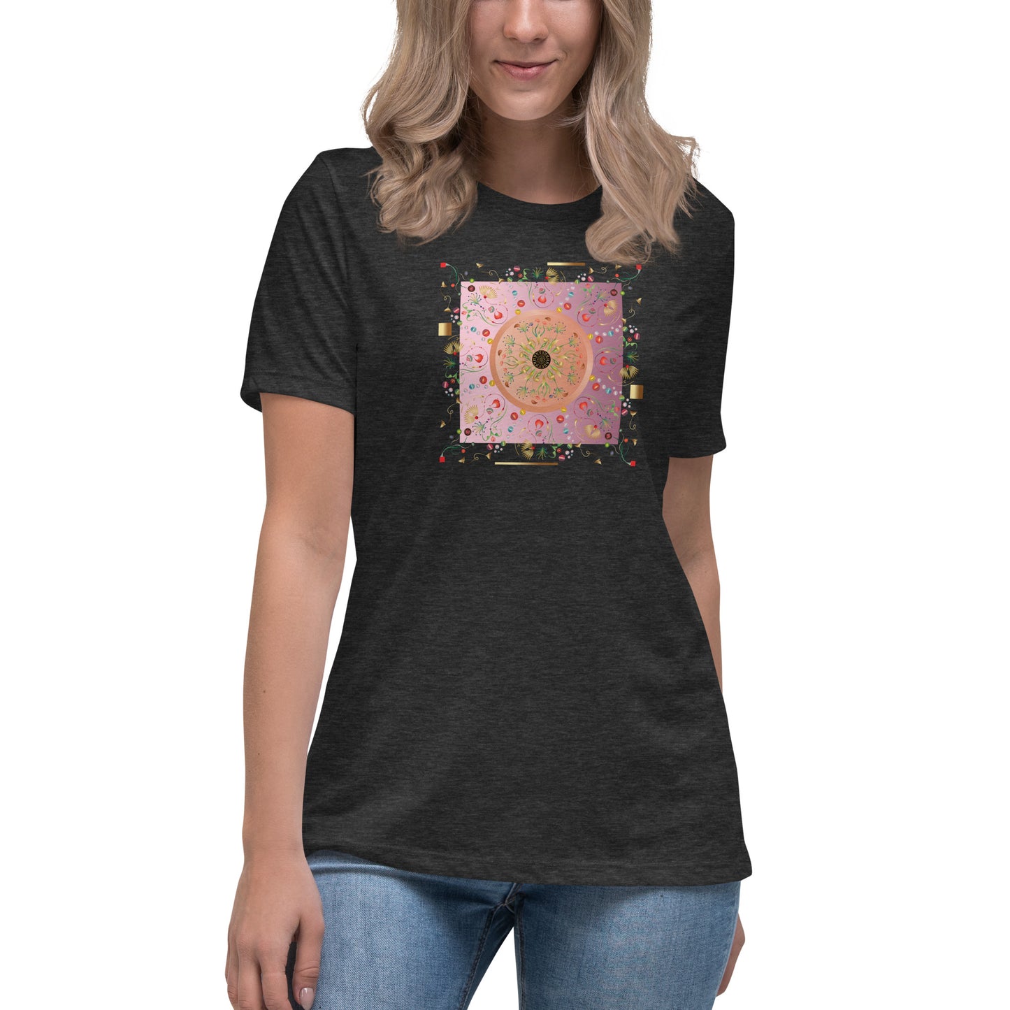 Women's Relaxed T-Shirt Kuklos 4390 Abstract Floral - Pink - Gold colors -  Free Shipping